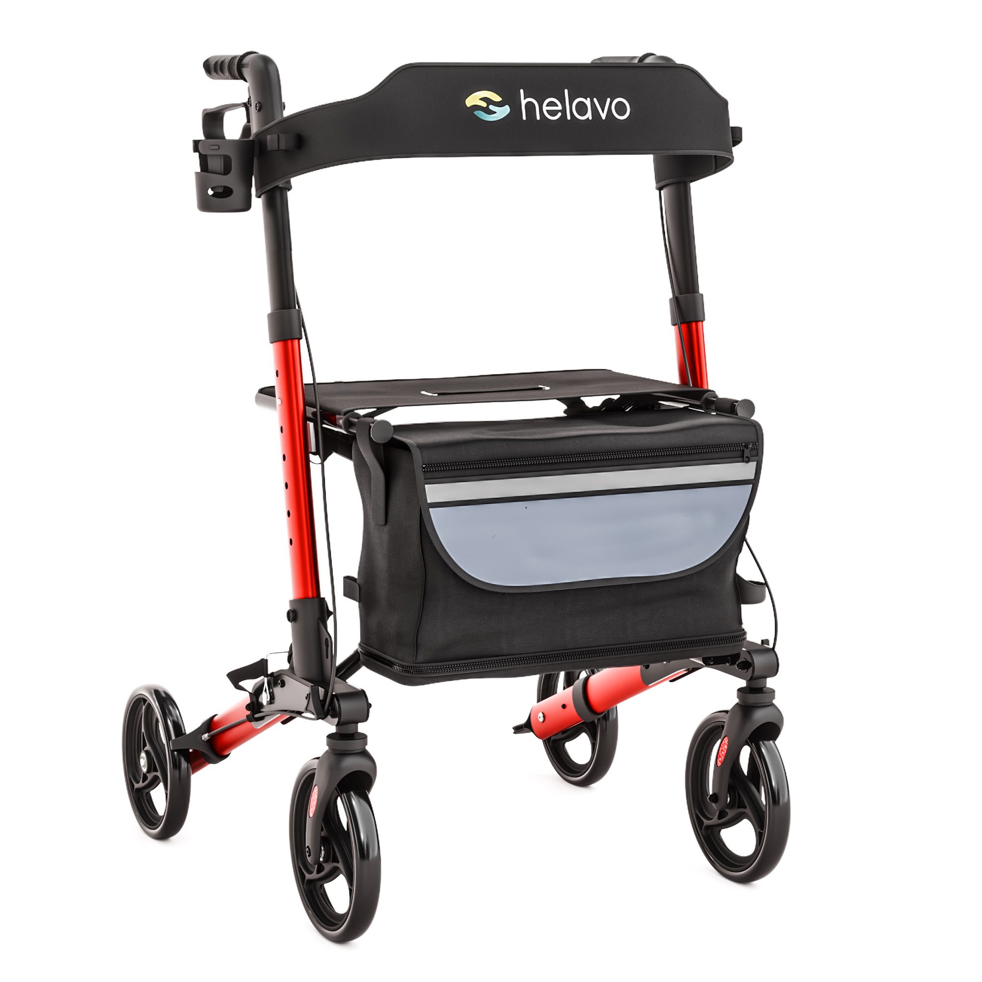 Rollator Helavo rouge avec siège, sac et porte-gobelet. Léger, 8,3kg.