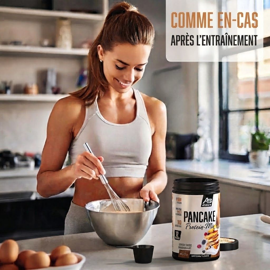 Femme préparant le mélange All Stars Pancake Protein, boîte visible.