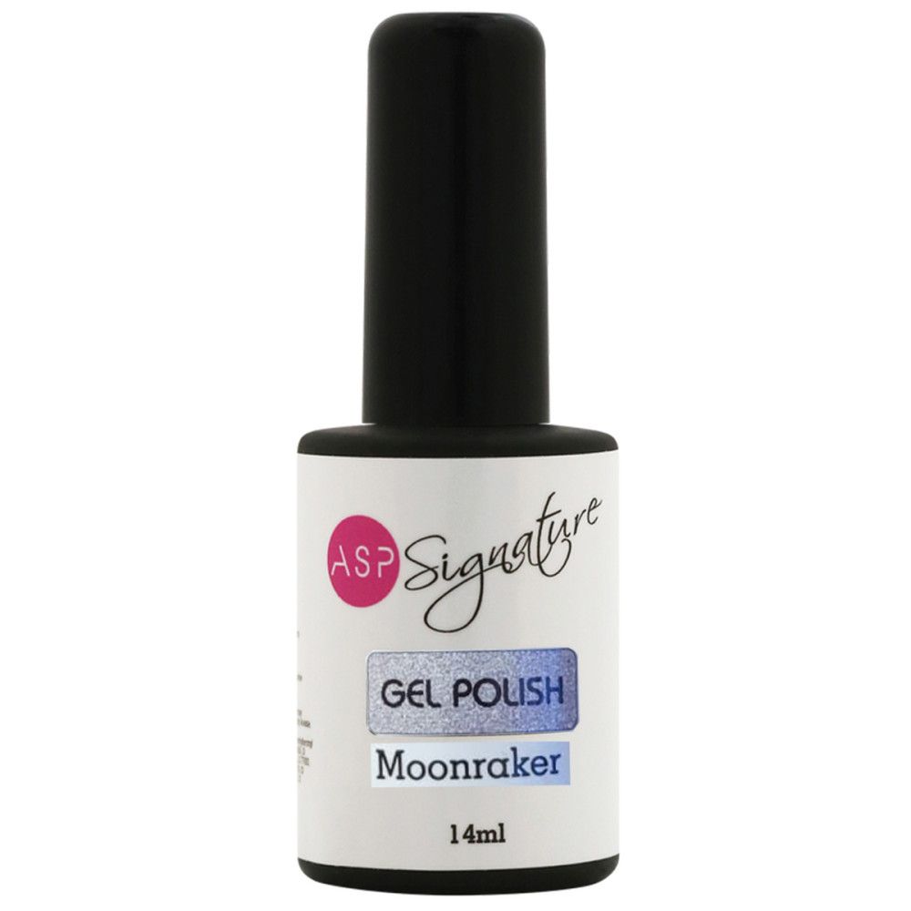 Flacon de vernis à ongles avec bouchon noir. L'étiquette indique "ASP Signature Gel Polish Moonraker 14ml".