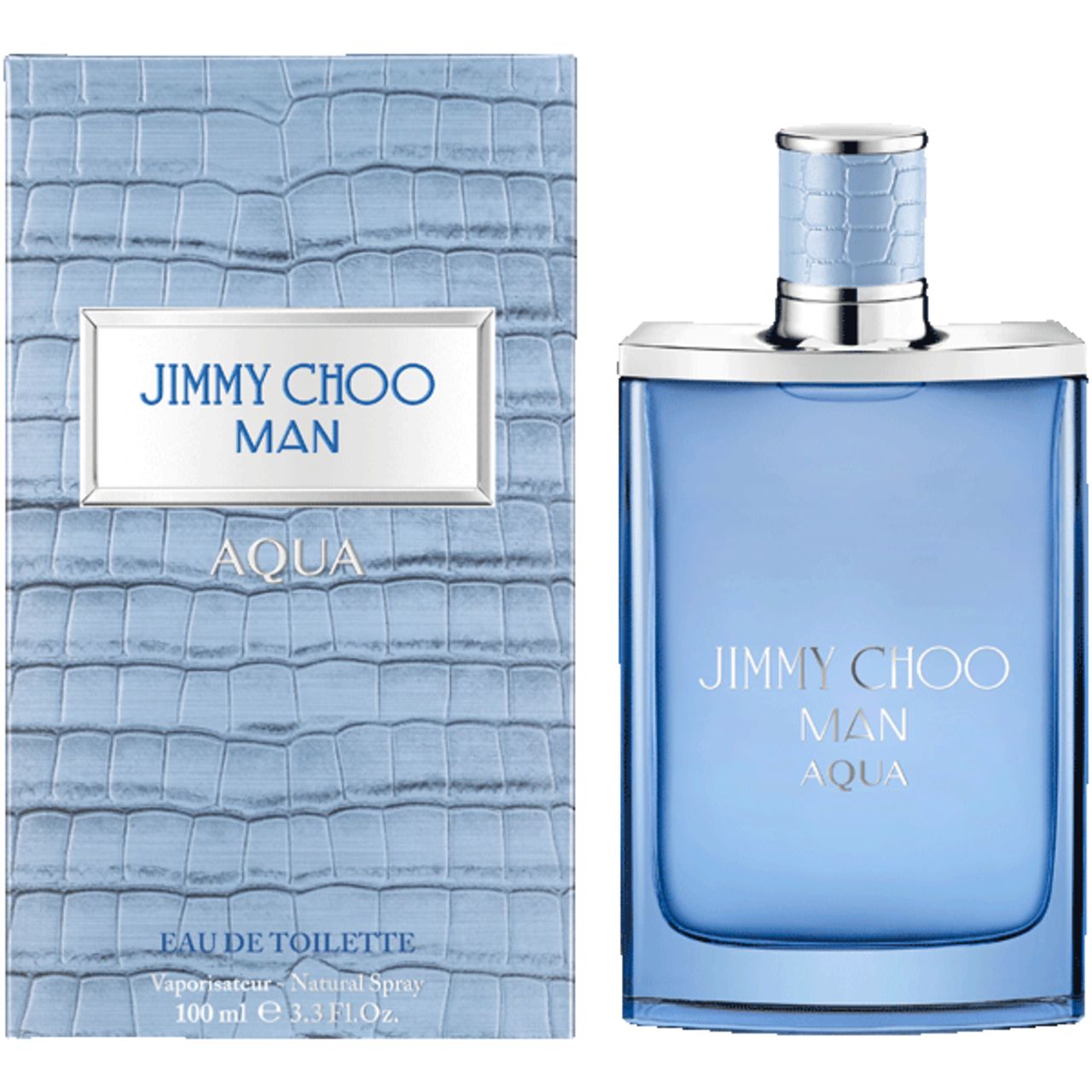 Flacon de parfum bleu clair et emballage. Inscription: JIMMY CHOO MAN AQUA. Emballage à motif crocodile.