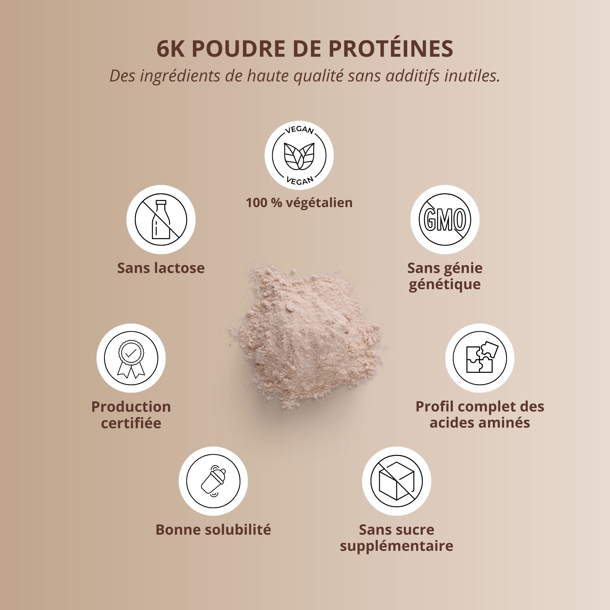 Disposition circulaire de symboles. Texte : 6K Poudre de protéines, 100% végétalien, sans lactose, sans génie génétique, production certifiée, profil des acides aminés.