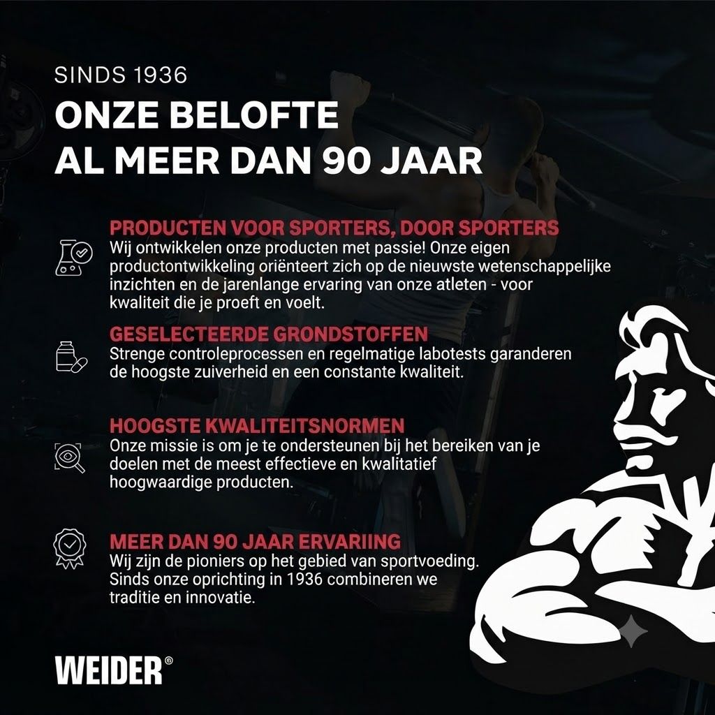 Weider L-Glutamine pot (400g) met tekst over 90 jaar ervaring en de belofte van het product.