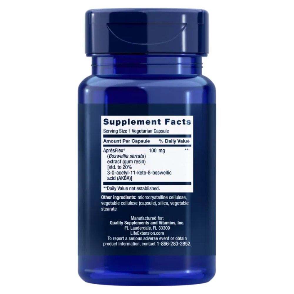 Arrière du contenant Life Extension 5-LOX Inhibitor avec informations nutritionnelles et ApresFlex 100 mg.