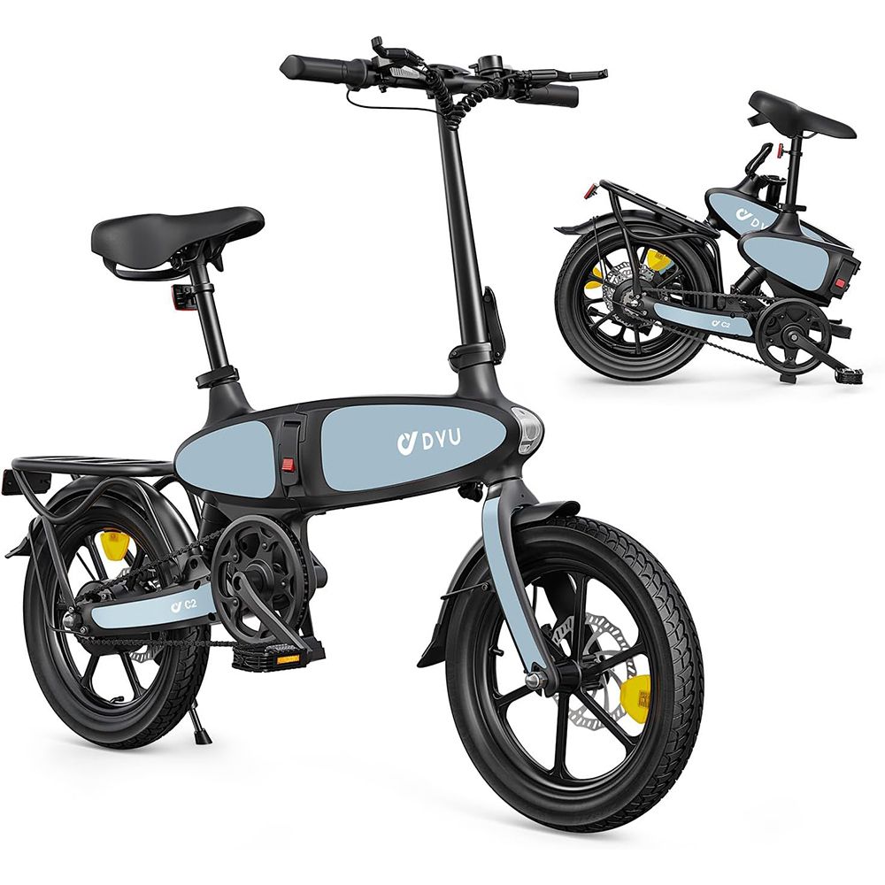 Vélo électrique pliable, bleu clair et noir, avec logo DYU. Un second vélo plié est visible en arrière-plan.