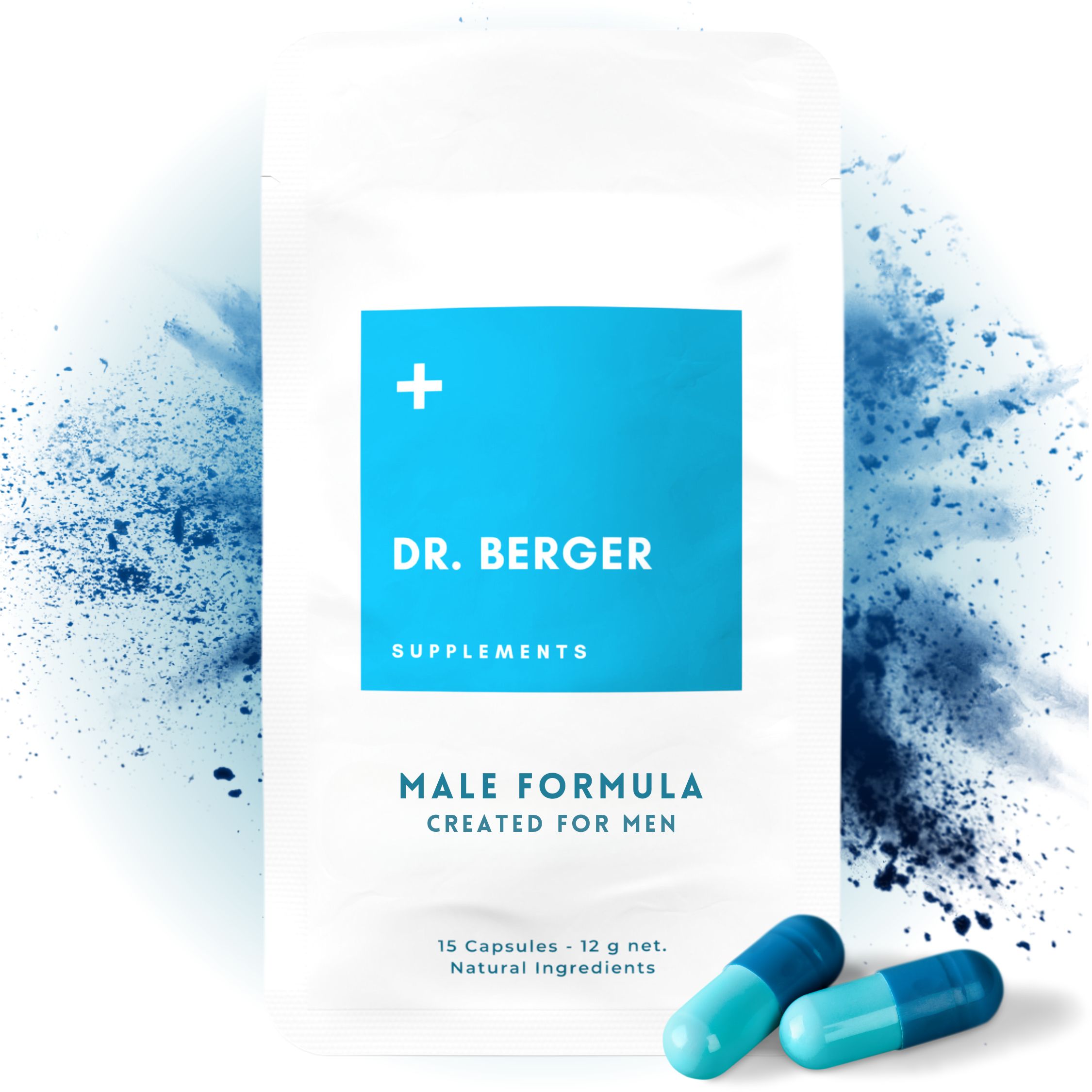 Witte verpakking met blauw vlak. Opschrift: DR. BERGER, MALE FORMULA. Twee capsules ernaast.