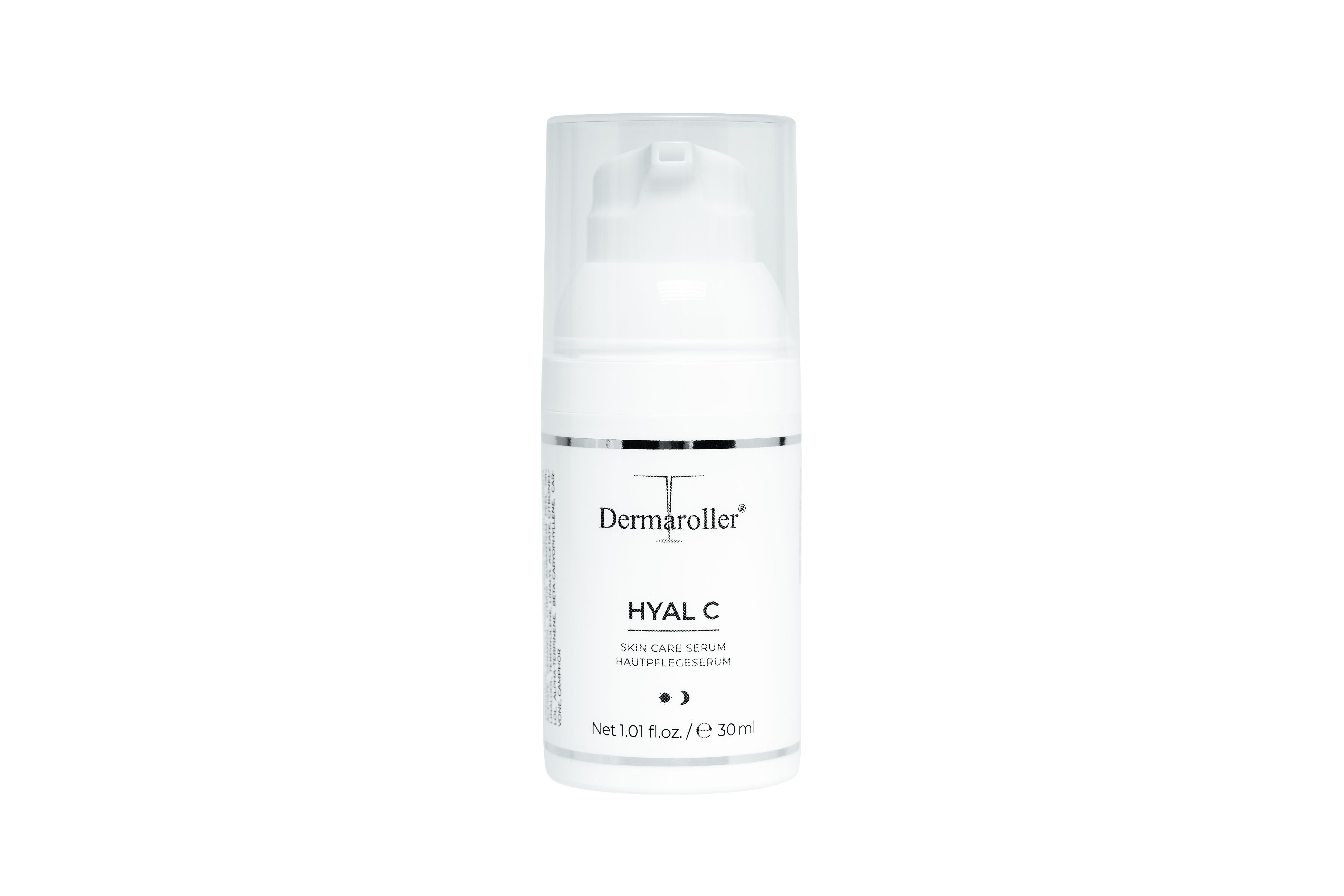 Dermaroller Hyal C Serum fles met pompdispenser.