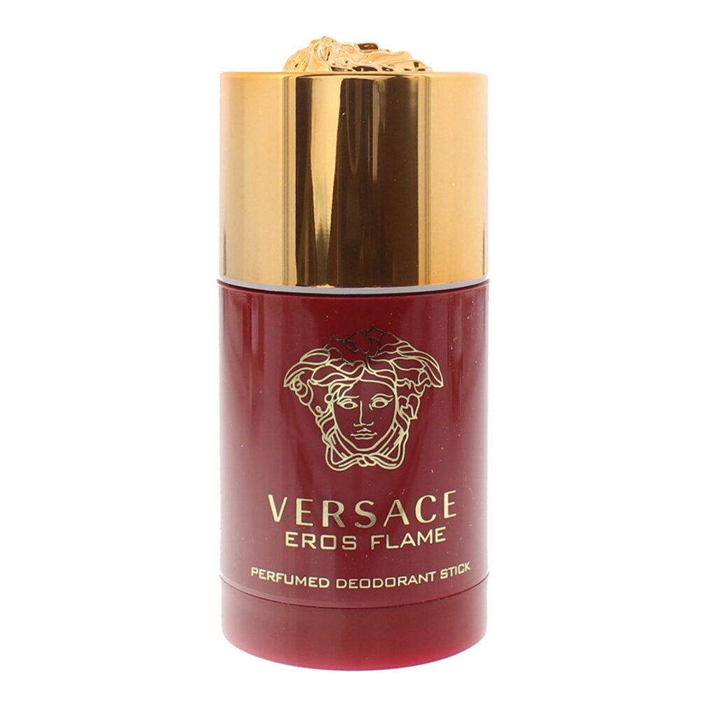 Versace Eros Flame geparfumeerde deodorant stick in rode huls met gouden dop en Medusa-logo.