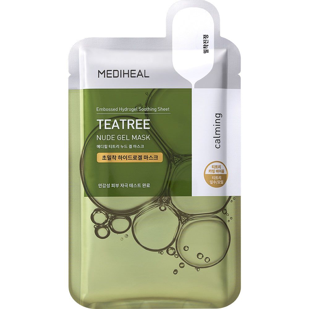 Emballage du masque MEDIHEAL Teatree Nude Gel Hydrogelmaske. Vert, bulles, nom du produit.