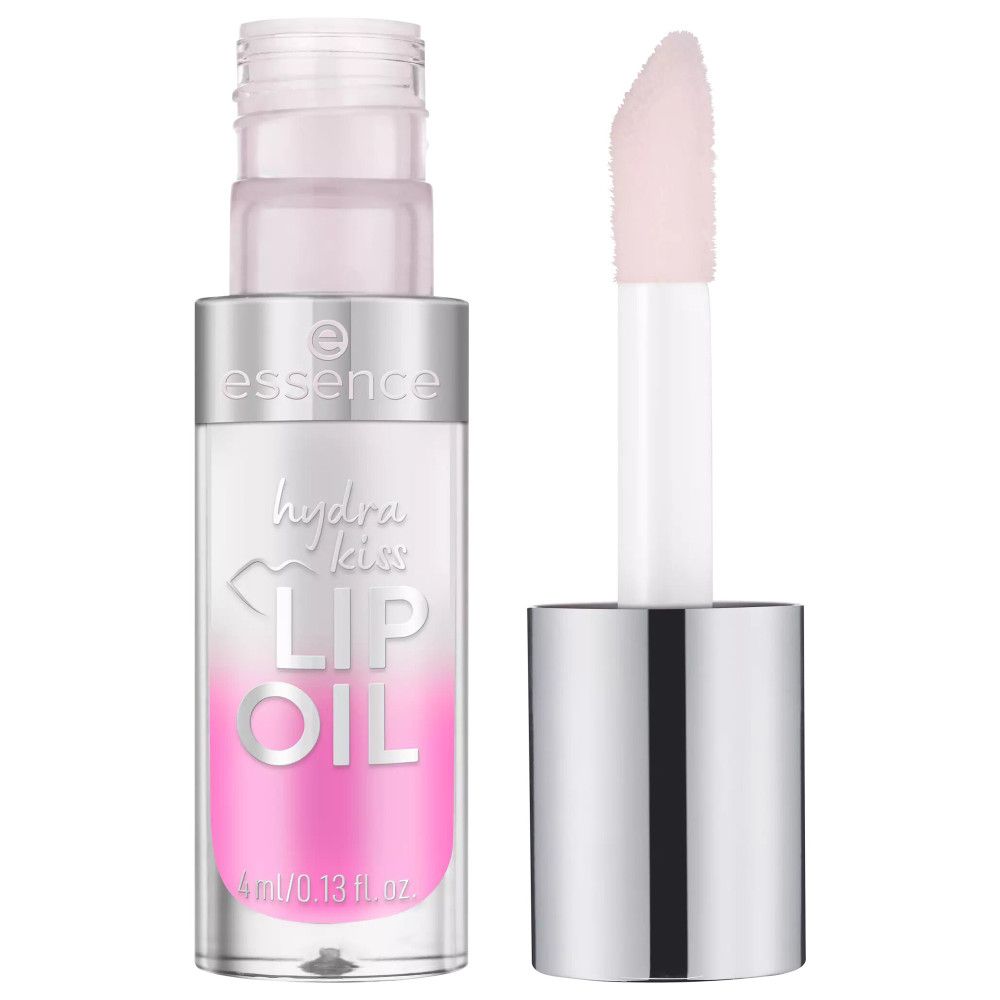 Lipolieflacon met applicator. Transparante fles met roze vloeistof. Zilveren dop. Opschrift: Hydra Kiss Lip Oil.