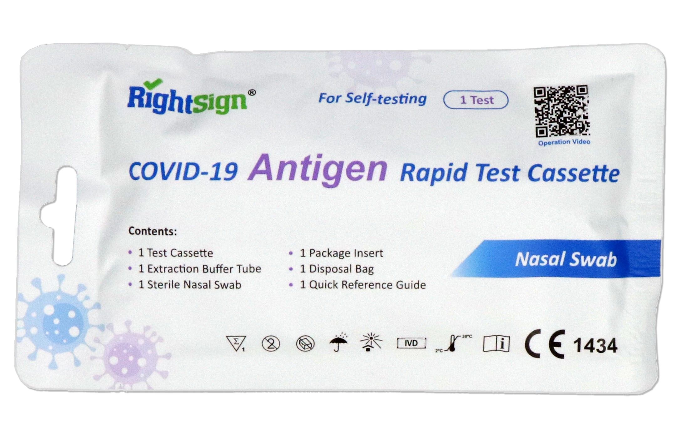 Verpakking van de COVID-19 antigeen sneltest. Bevat testcassette, extractiebuffer, steriele neusswab, gebruiksaanwijzing.