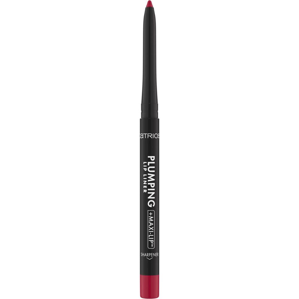 Zwarte lippenstift met rode punt. Tekst "PLUMPING + MAXI-LIP".
