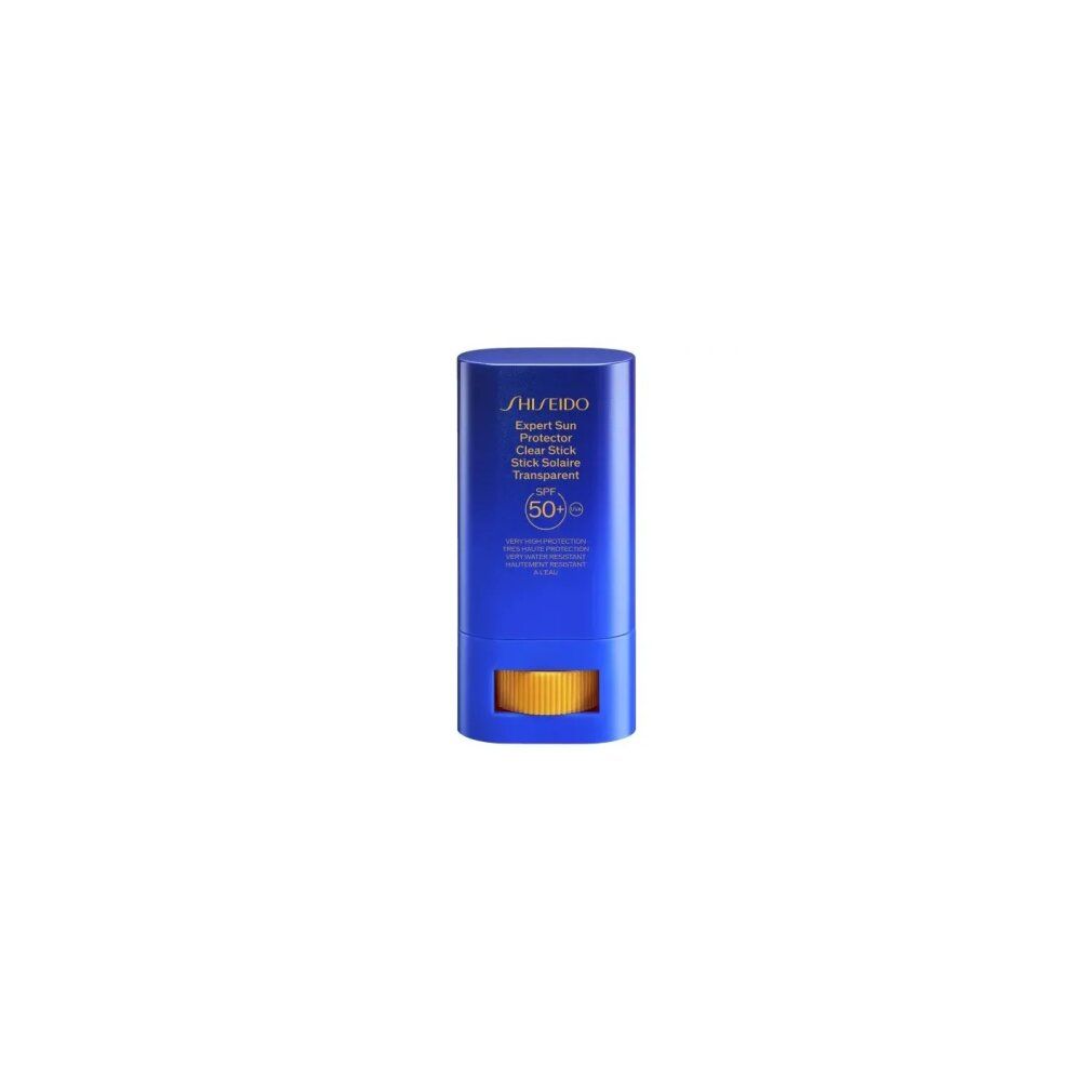 Stick bleu avec mécanisme rotatif jaune. Inscription: Shiseido, Expert Sun Protector, Clear Stick, SPF 50+.
