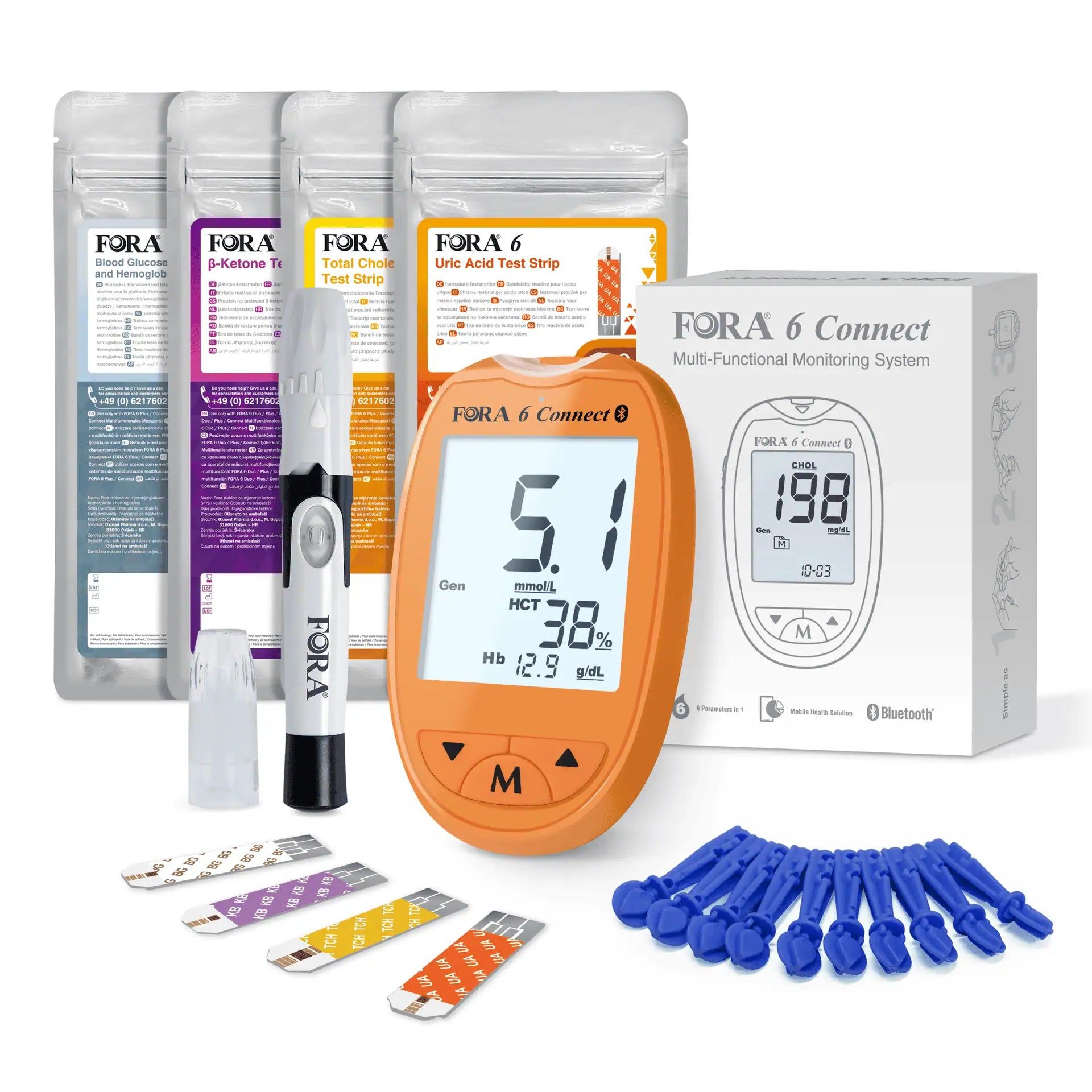 FORA 6 Connect starterkit: oranje meter, teststrips, lancetten en prikpen.