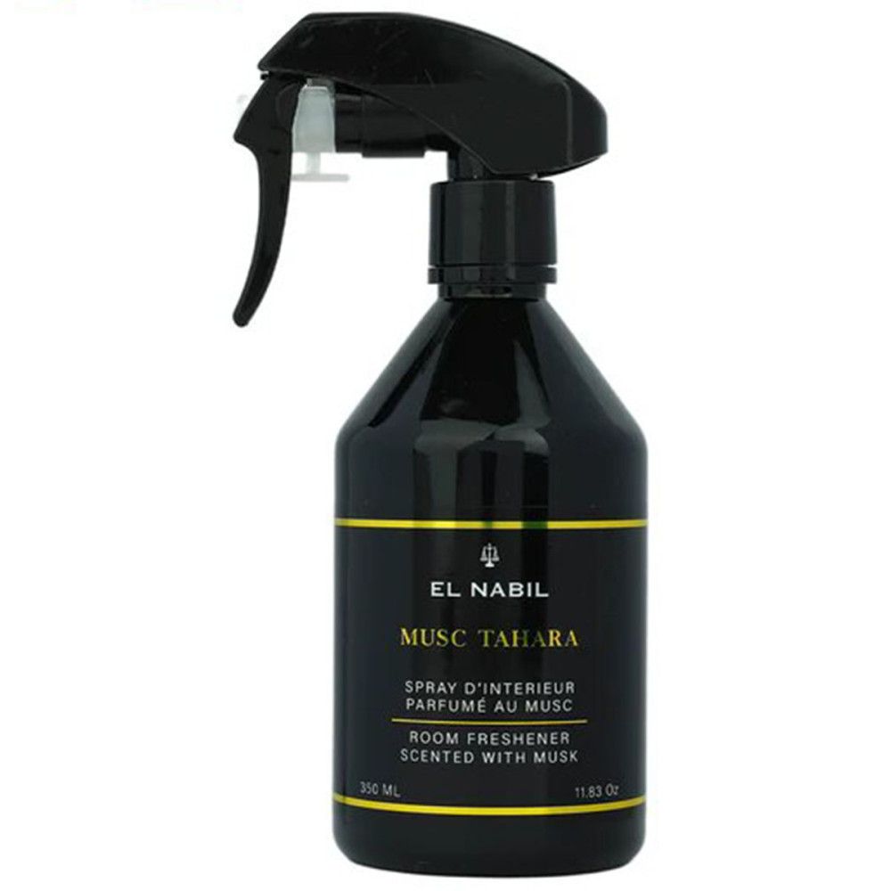 Flacon noir avec vaporisateur. Inscription: EL NABIL, MUSC TAHARA, parfum d'ambiance au musc. Détails dorés. 350 ml.