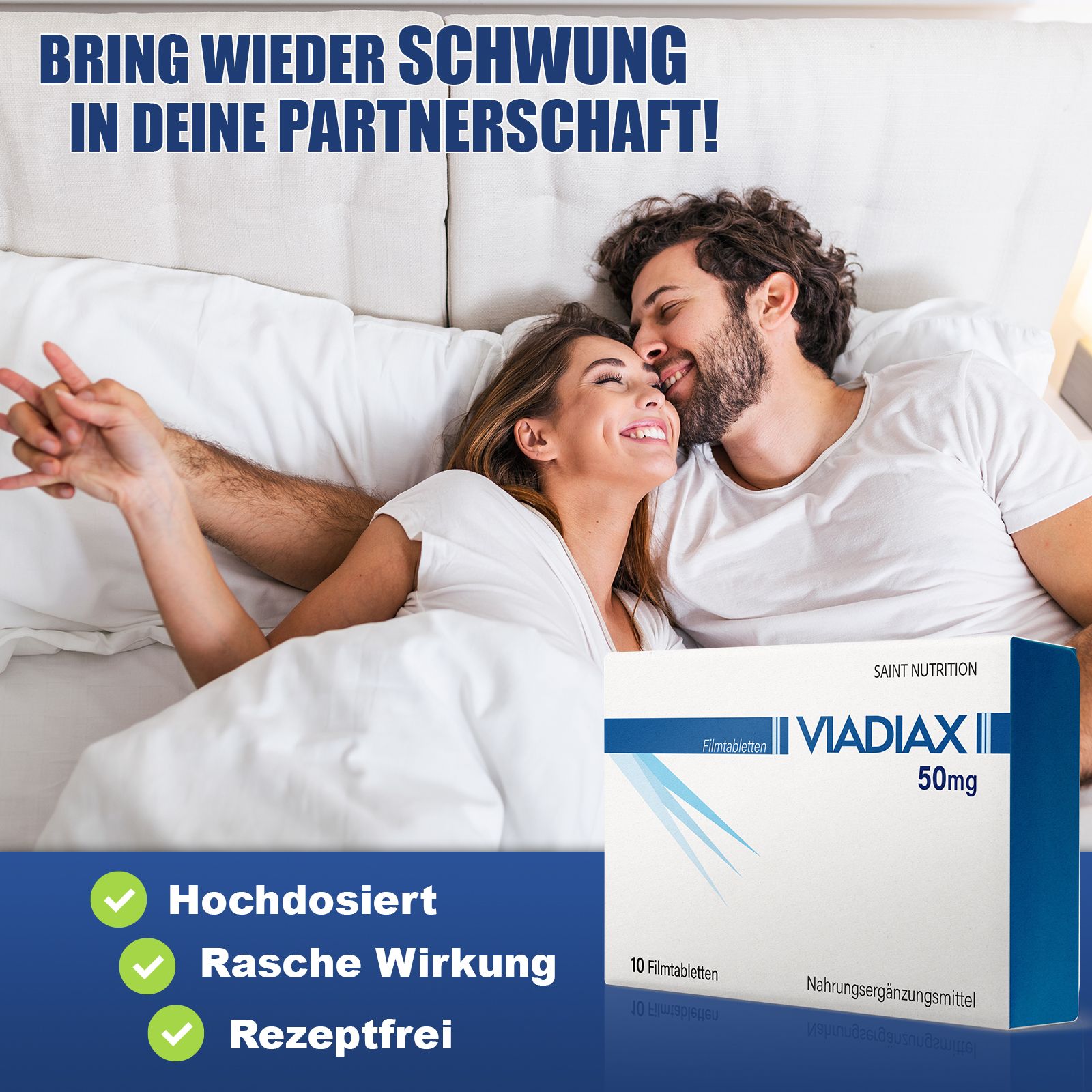Couple au lit. Boîte de Viadiax® Filmtabletten. Texte : Haute dose, effet rapide, sans ordonnance. Marque : Saint Nutrition.