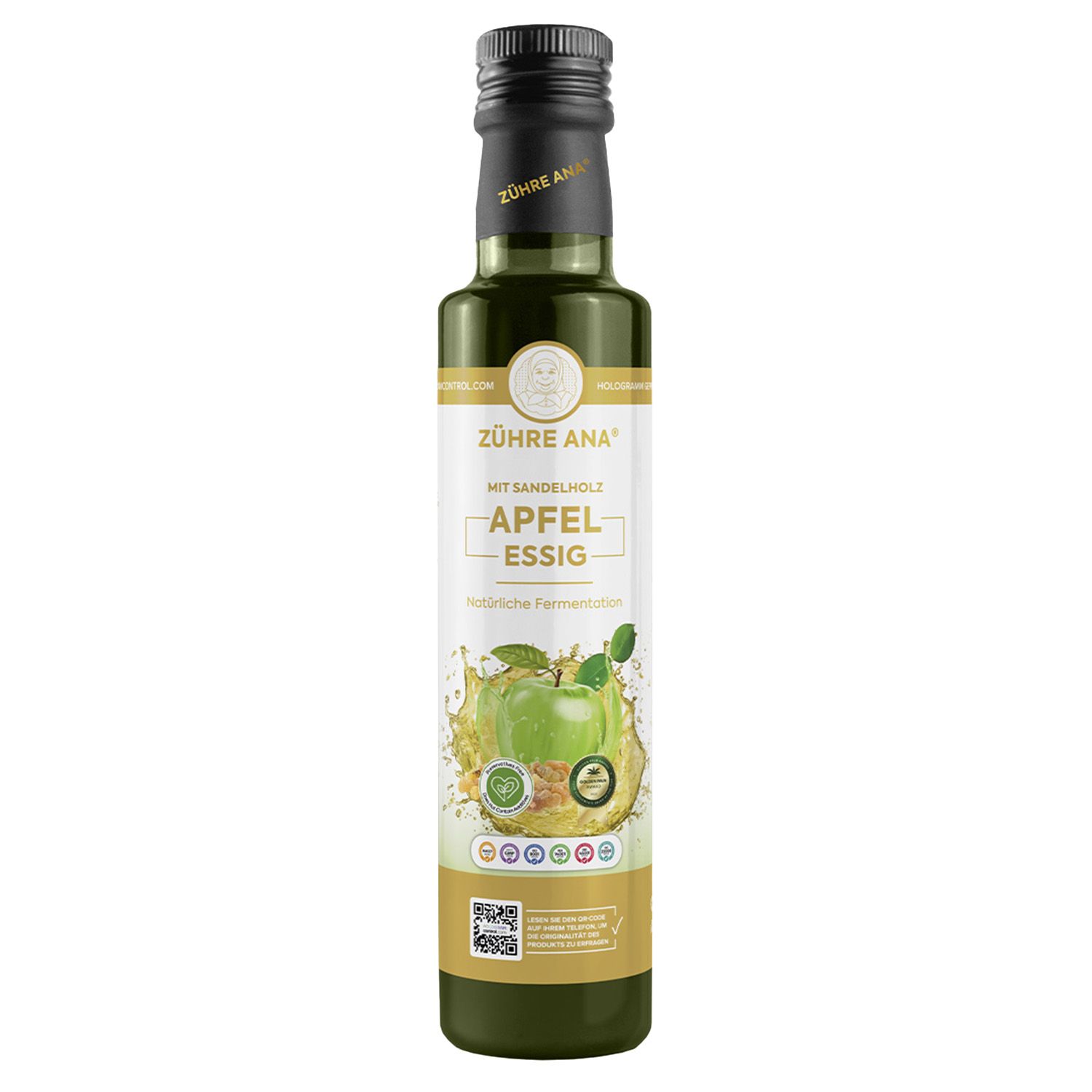 Groene glazen fles met zwarte schroefdop. Etiket met "ZÜHRE ANA" en "Apfel Essig".