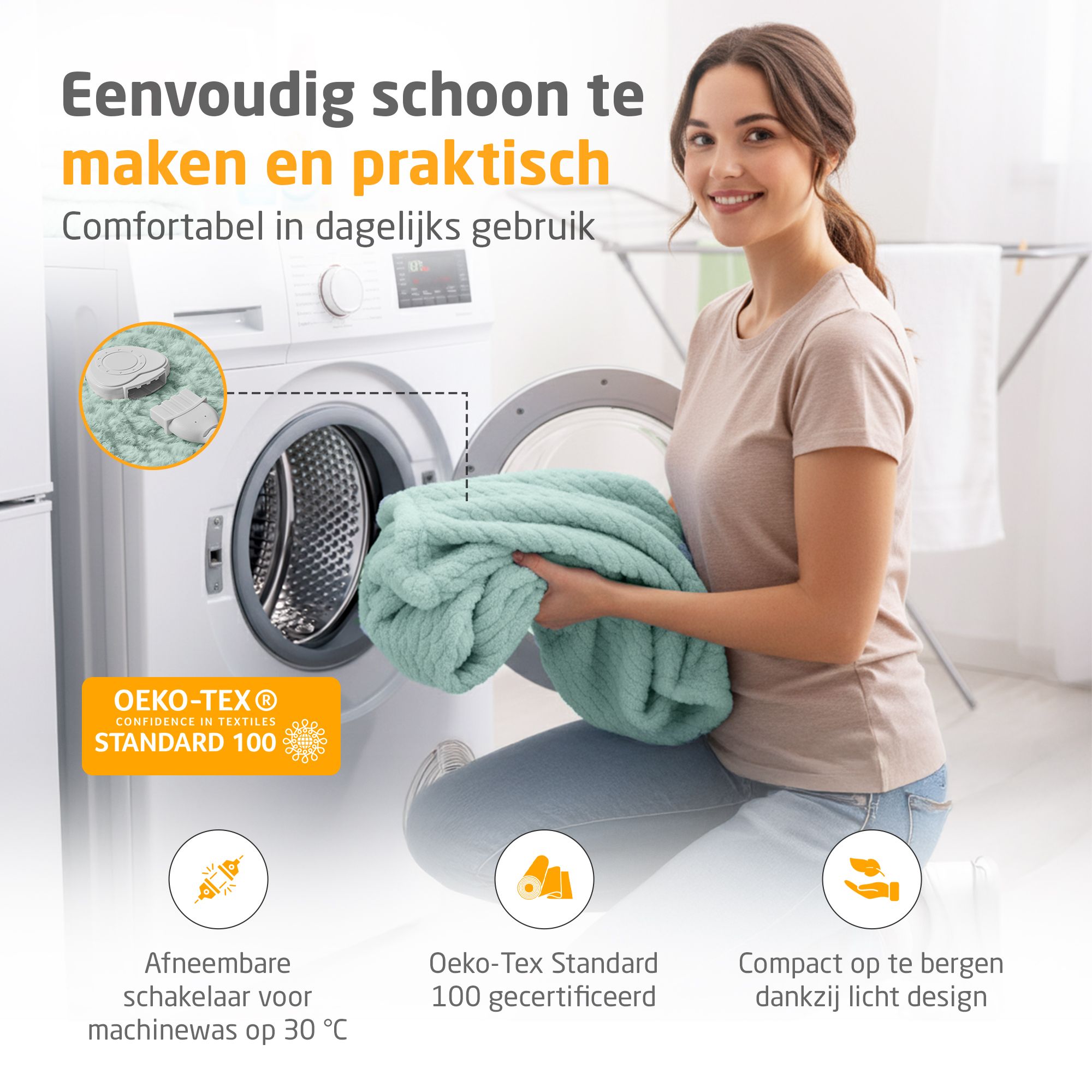 Vrouw met verwarmde deken, savage green, voor wasmachine. Oeko-Tex Standard 100. Afneembare bediening. Compact op te bergen.