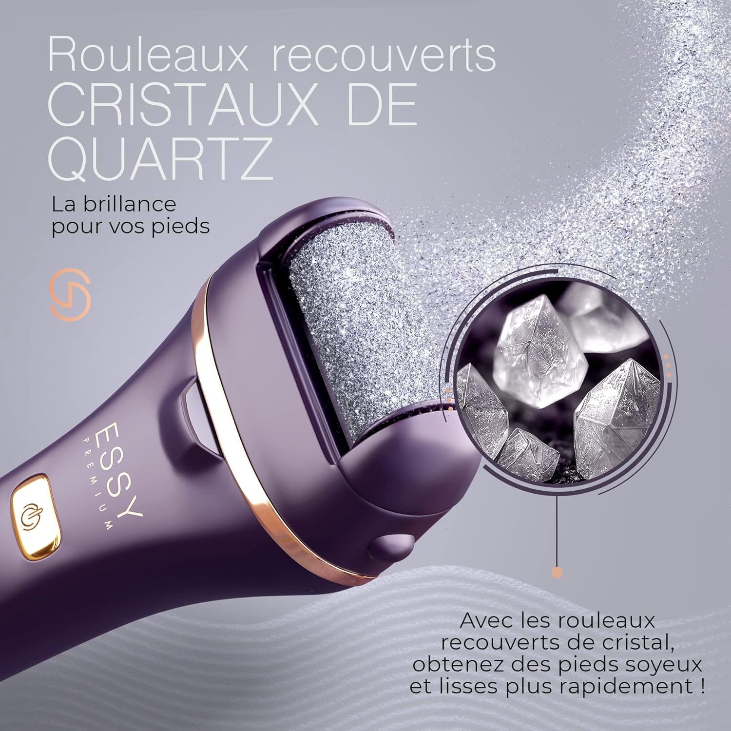 Dépilateur électrique violet avec rouleaux de quartz et accents dorés. Montre un gros plan de cristaux de quartz.
