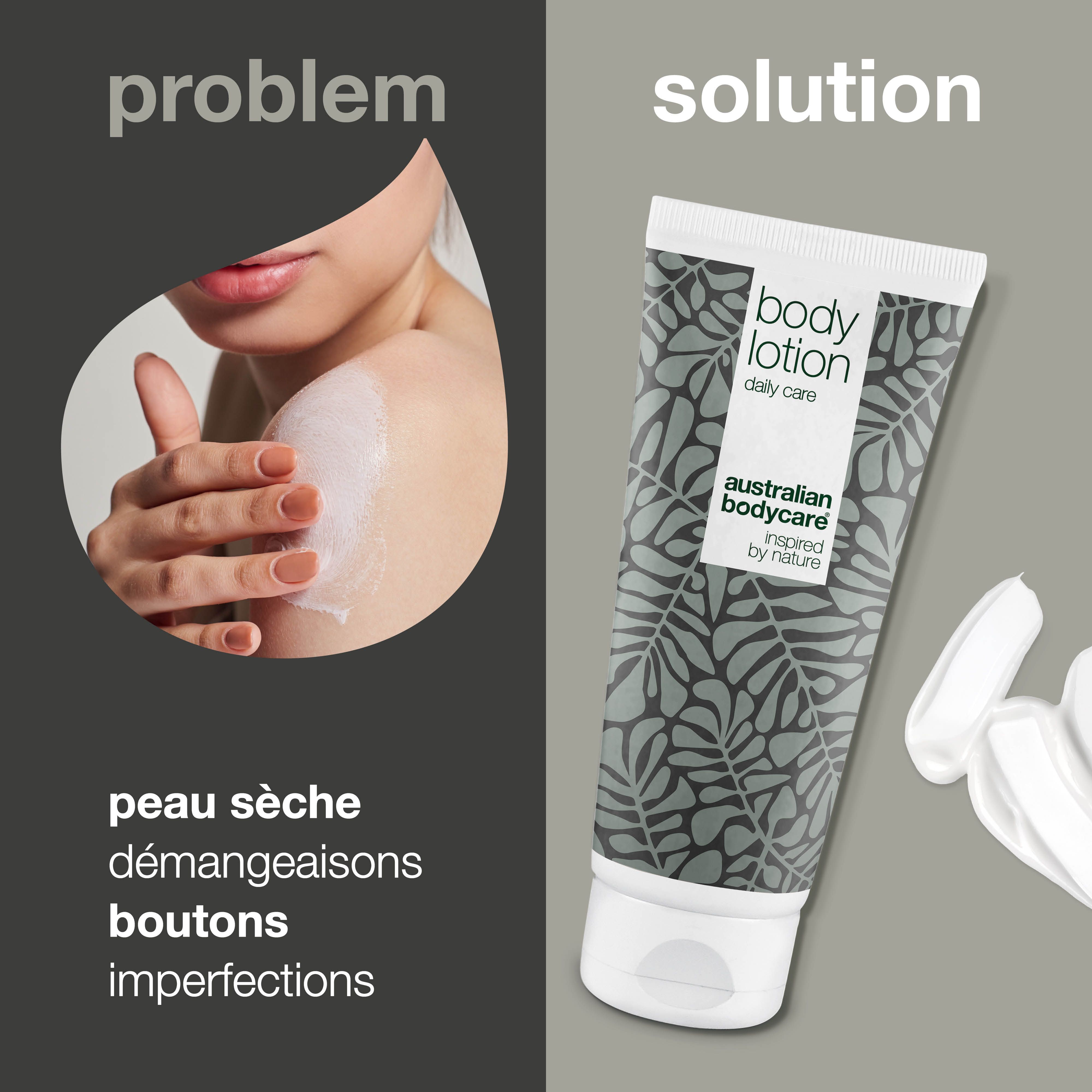 Comparaison : problème et solution. Tube : Body Lotion, daily care. Logo : Australian Bodycare.
