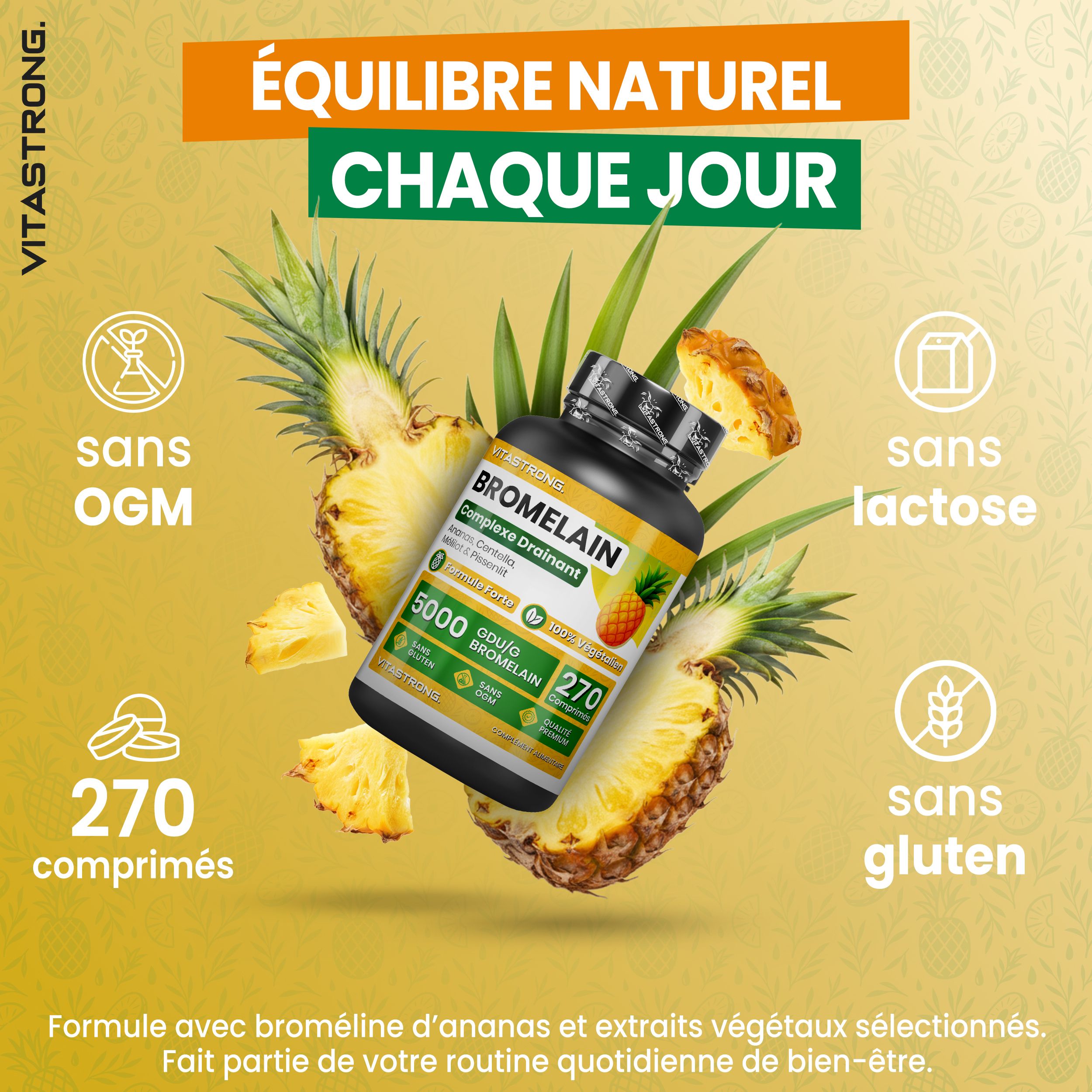 Fles met bromelaïne tabletten, naast een witte fles. 270 tabletten. 100% vegan. Vitastrong.