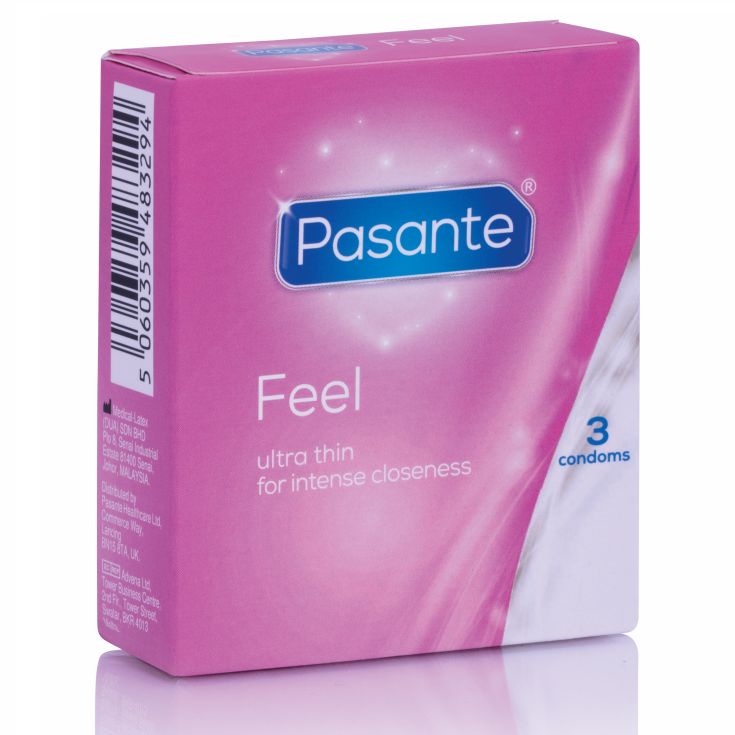 Roze doos Pasante Feel condooms. 3 condooms. Streepjescode en productinfo.