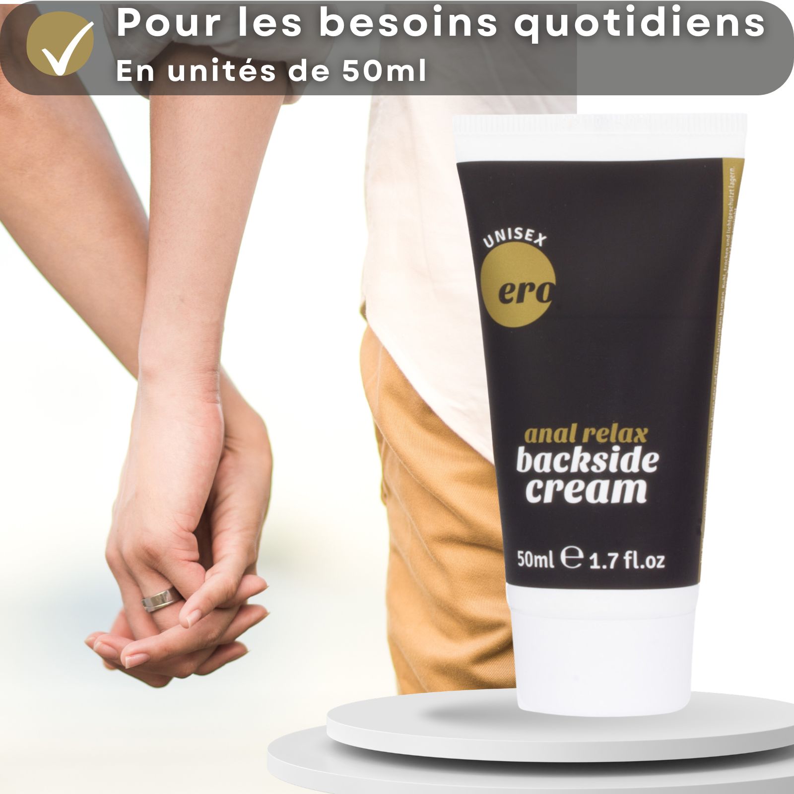 Tube de crème. Inscription : "Ero", "Anal relax backside cream". 50ml. Couple au lit.
