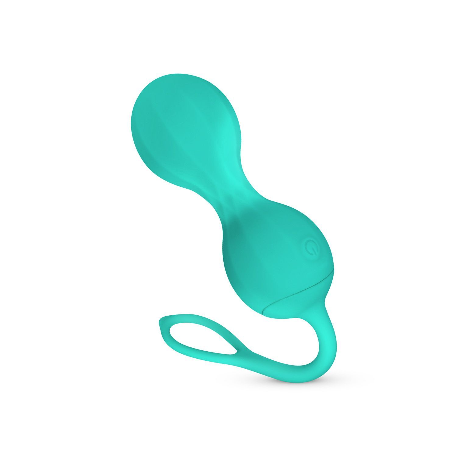 Produit de bien-être turquoise à deux sphères et boucle. Sur fond blanc.
