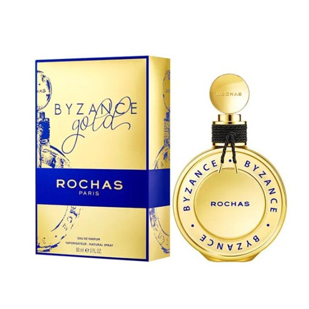 Boîte et flacon dorés. Inscription: BYZANCE Gold, ROCHAS PARIS. Flacon avec ruban noir.