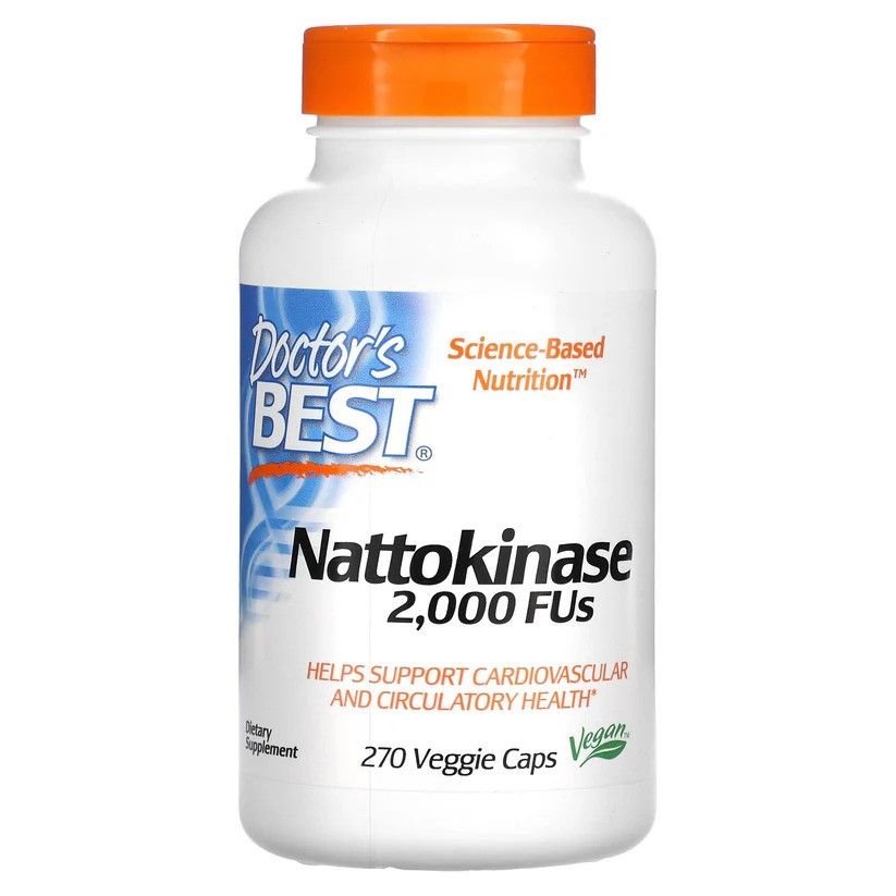 Bouteille blanche avec bouchon orange, Doctor's Best Nattokinase 2.000 FUs, 270 gélules végétales.