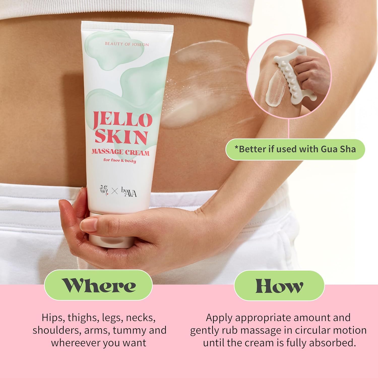 Tube blanc « Jello Skin Massage Cream » et outil Gua Sha. Texte : Où, Comment. Application en mouvements circulaires.