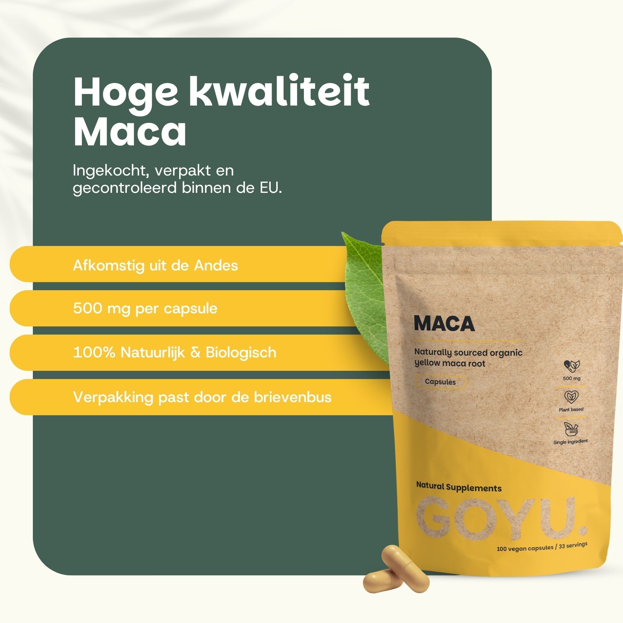 Een zakje Maca-capsules met klantbeoordelingen (4,7/5). Tekst prijst snelle levering en kwaliteit. EU-zegel zichtbaar.
