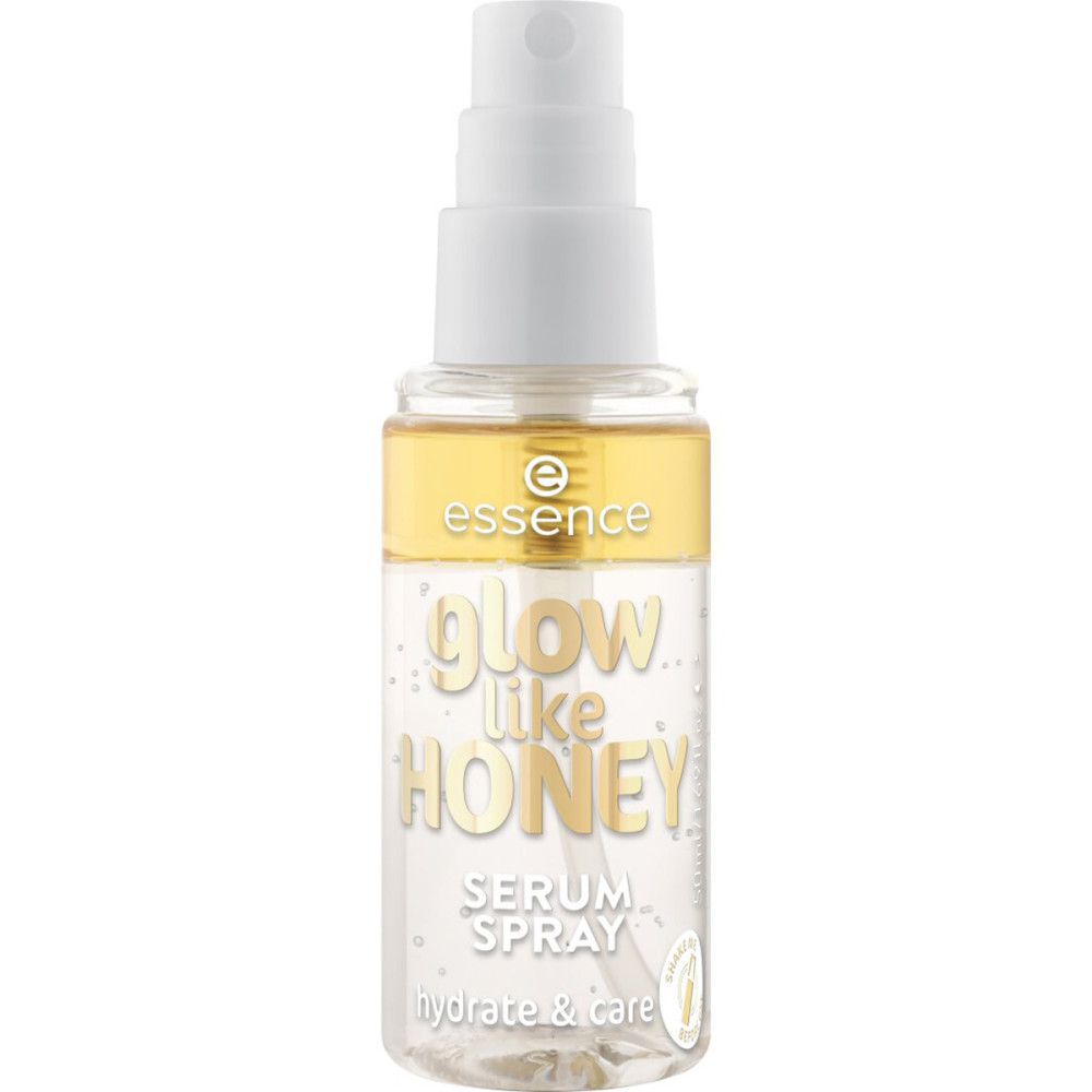 Essence Sérum Spray Glow Like Honey. Flacon transparent, bouchon blanc. Anneau doré avec logo de la marque.