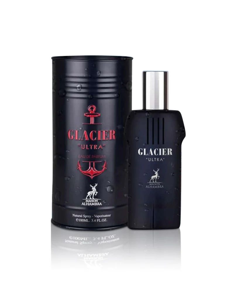 Flacon de parfum noir et boîte Glacier Ultra.
