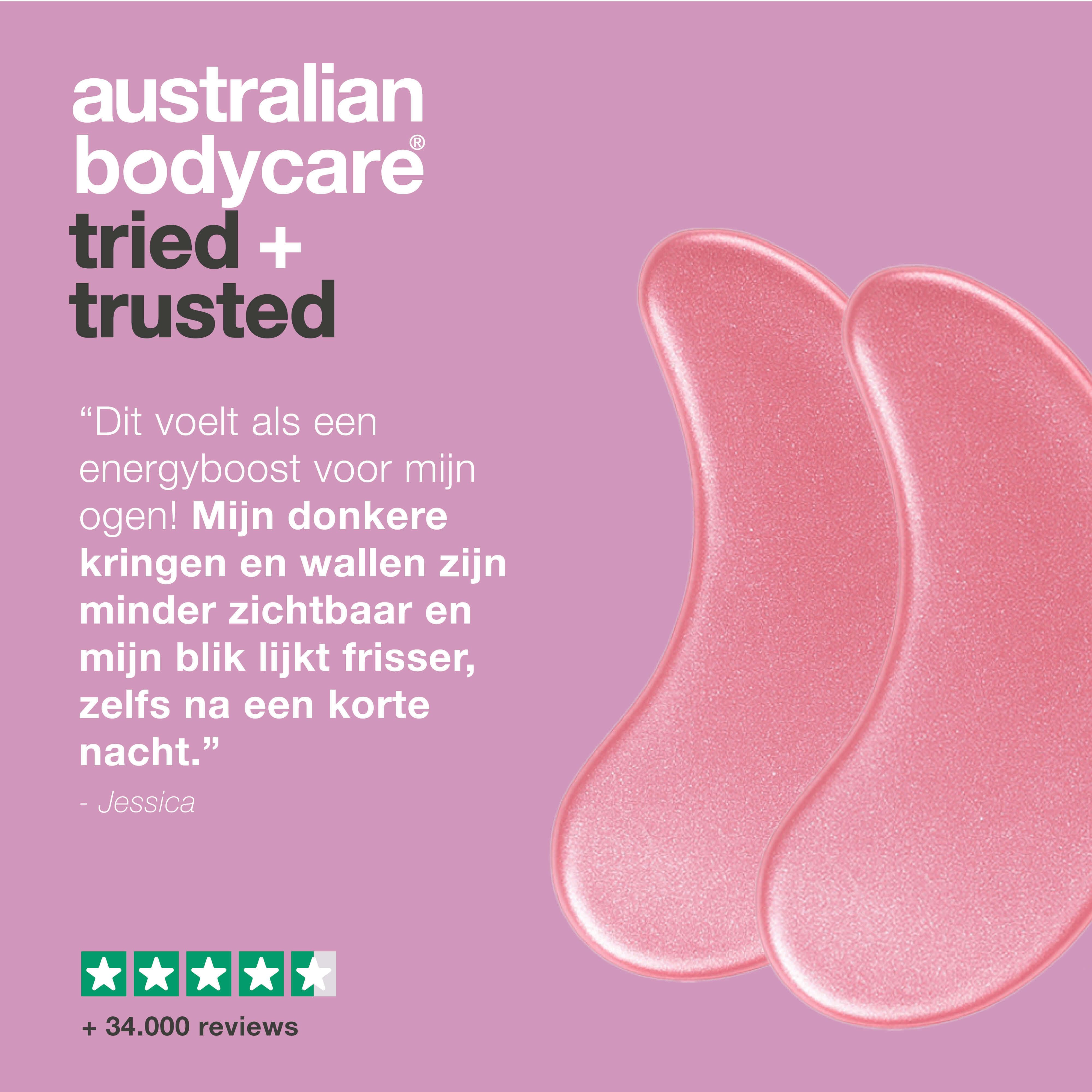 Twee roze oogmaskers naast tekst. Opschrift: Getest + Vertrouwd. Citaten en sterrenbeoordeling. Merk: Australian Bodycare.