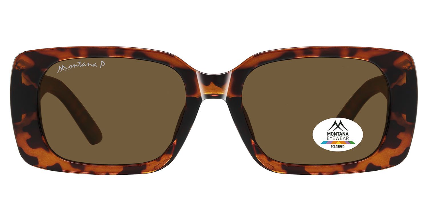 Lunettes de soleil marron avec monture marron à motifs. Logo Montana Eyewear sur le verre et la branche.