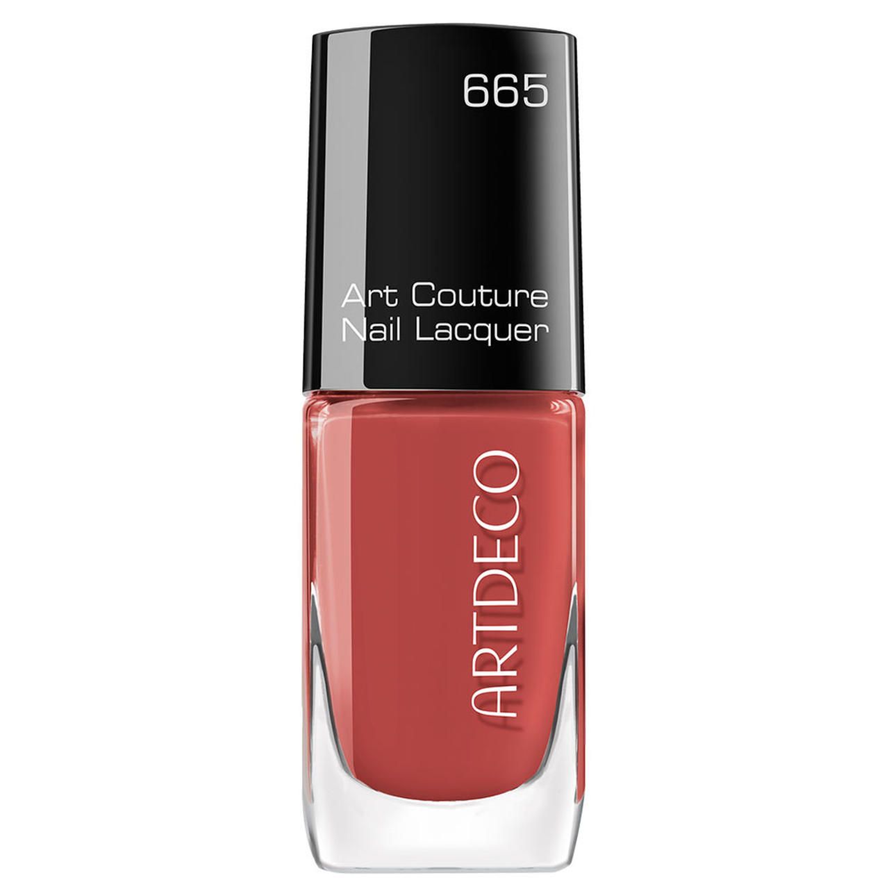 Nagellakfles, roodbruine kleur, zwarte dop. Opschrift: Artdeco, Art Couture Nail Lacquer, 665.