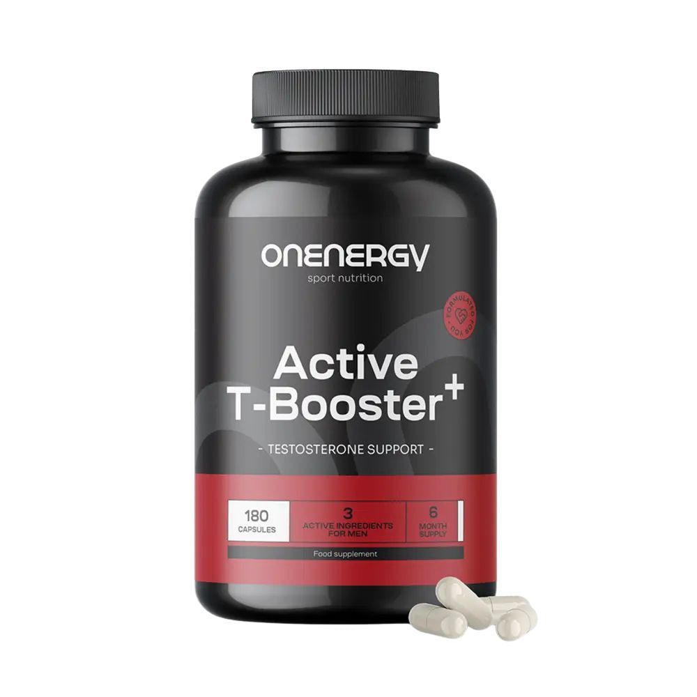 Bouteille noire avec capsules OnEnergy Active T-Booster Plus, 180 capsules.