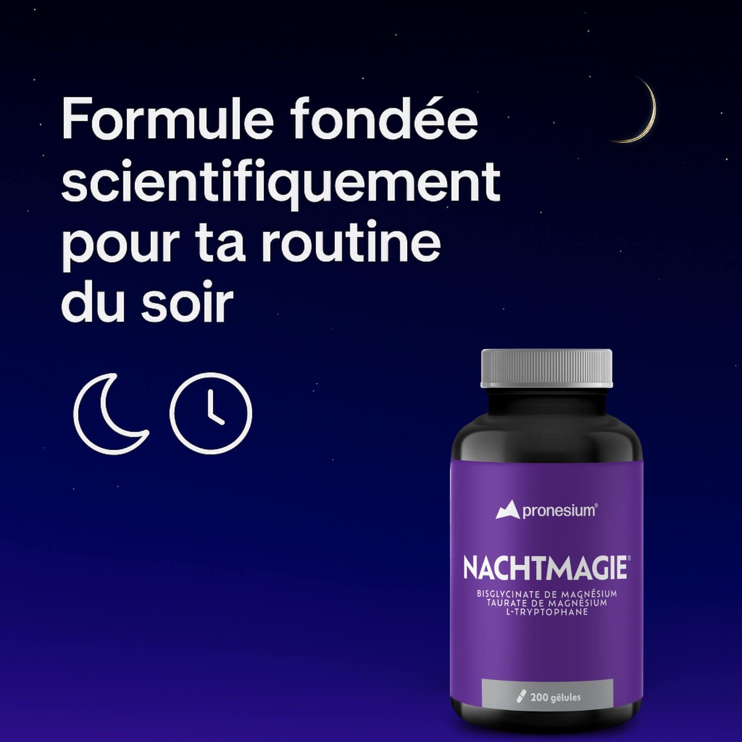 Homme et femme dorment. Flacon avec étiquette violette. Texte : NACHTMAGIE, Magnesiumbisglycinate, Magnesiumtaurate, L-Tryptophane. Fond de nuit.