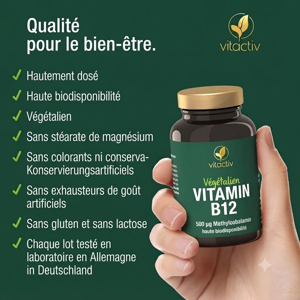 Flacon en verre brun foncé avec bouchon doré, étiquette avec logo vitactiv, Vitamine B12 végétalienne, 500 µg de méthylcobalamine et haute biodisponibilité.