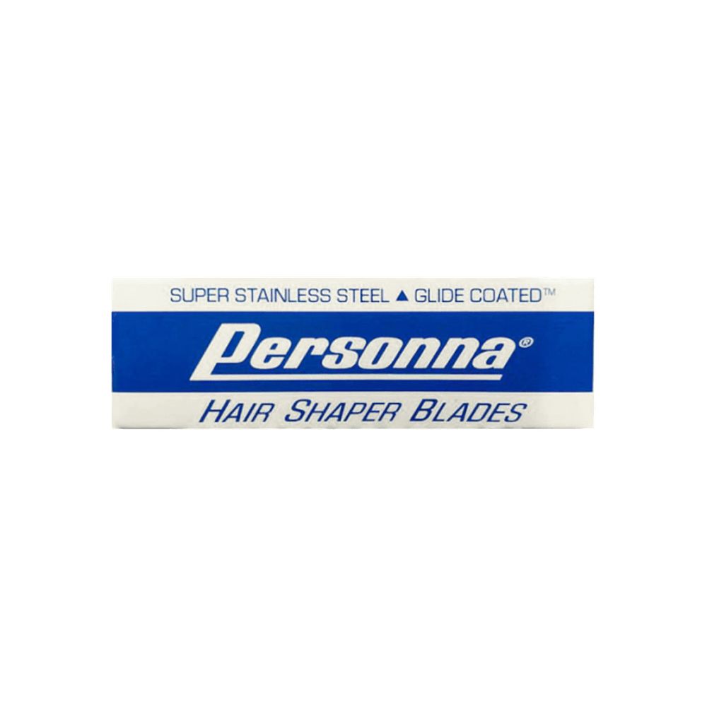 Verpakking PERSONNA HAIR SHAPER BLADES, blauw en wit, rechthoekig.