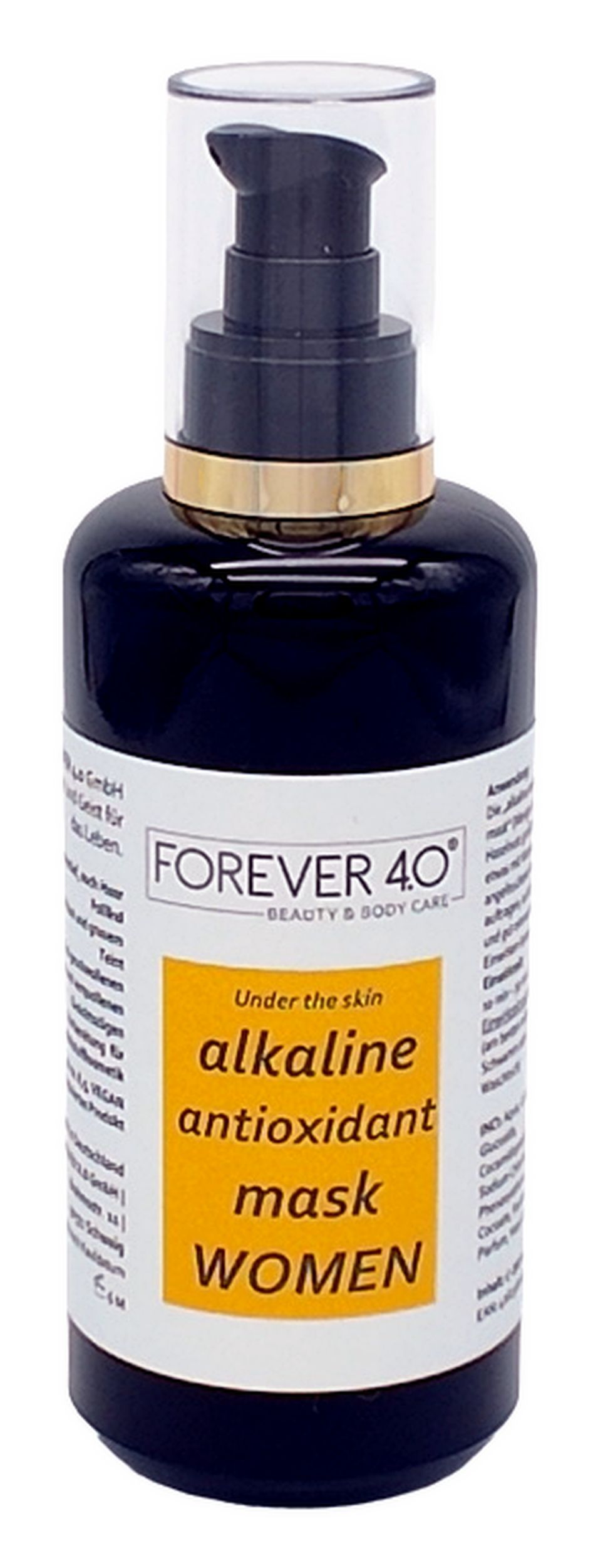 Donkere fles met pomp. Label met tekst: FOREVER 4.0, alkaline antioxidant mask WOMEN.