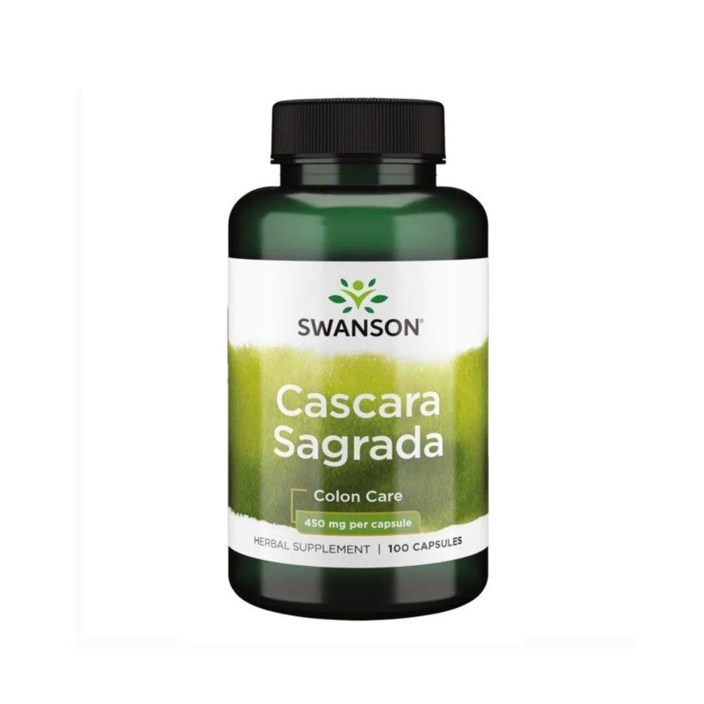 Groene capsulefles met wit etiket waarop SWANSON Cascara Sagrada staat.