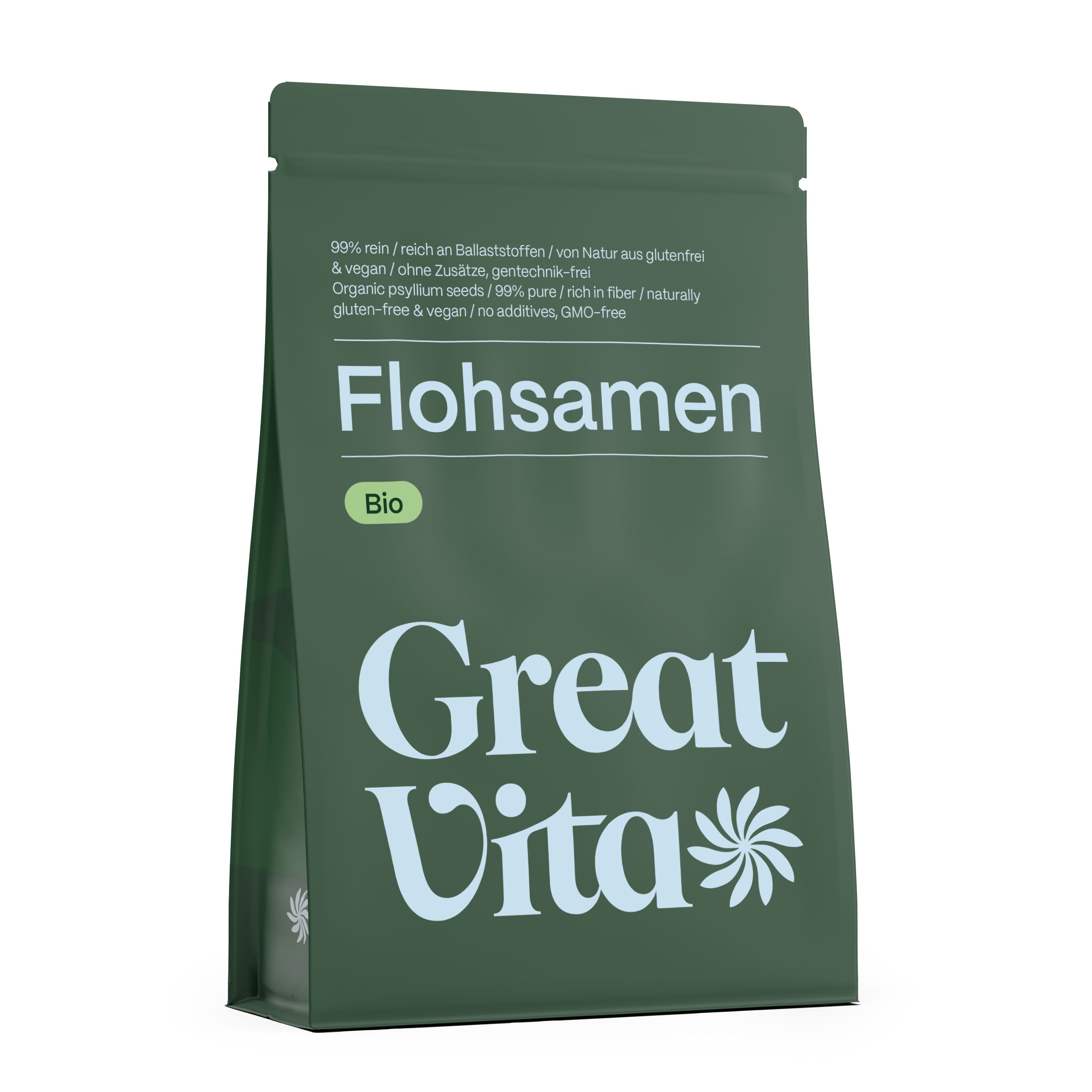 Groene verpakking met opschrift: Flohsamen Bio. Merk: GreatVita. 99% puur, glutenvrij, veganistisch, zonder toevoegingen.