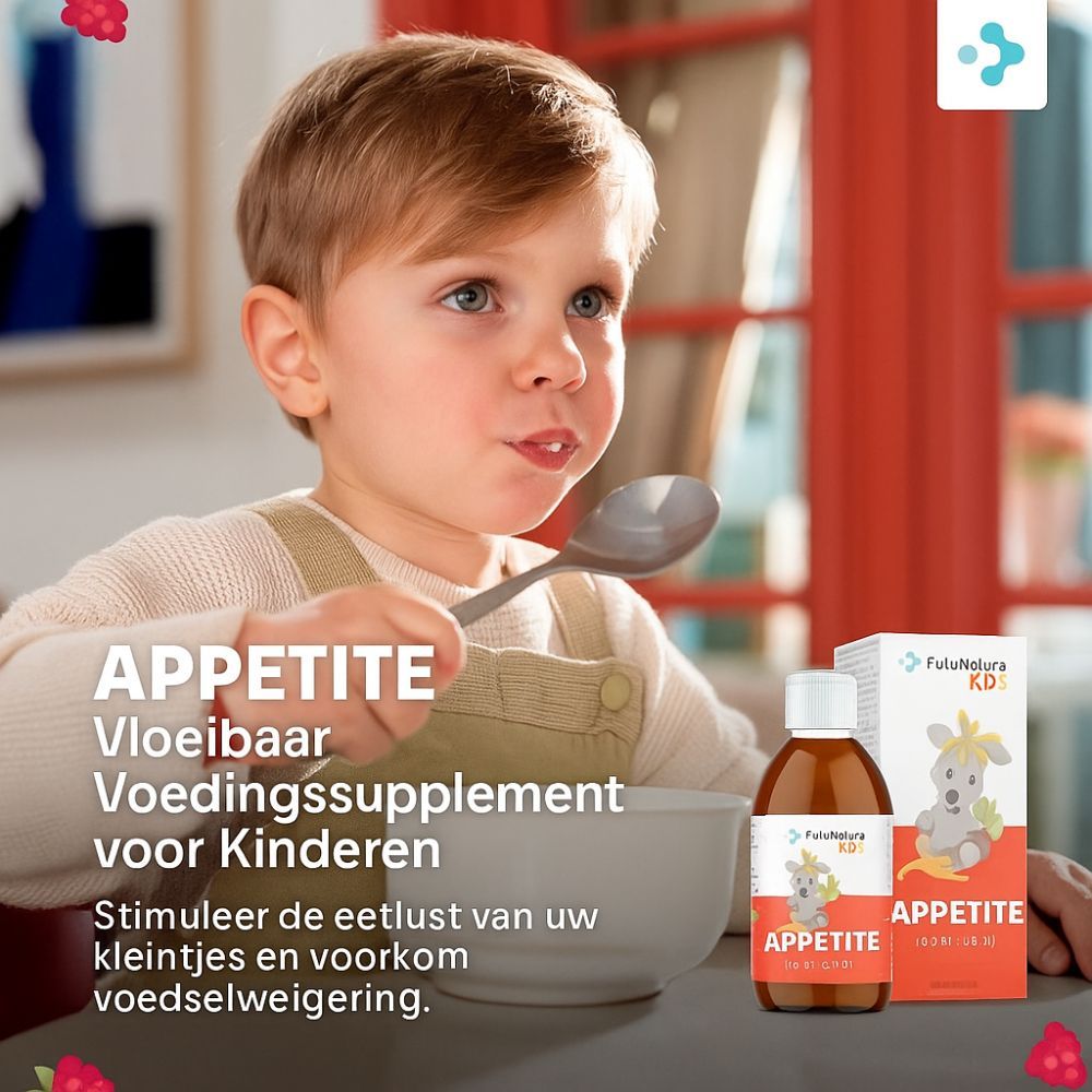 Kind eet met een lepel. Naast hem staat een flesje en een doosje van FutuNatura KIDS Appetijt Siroop.