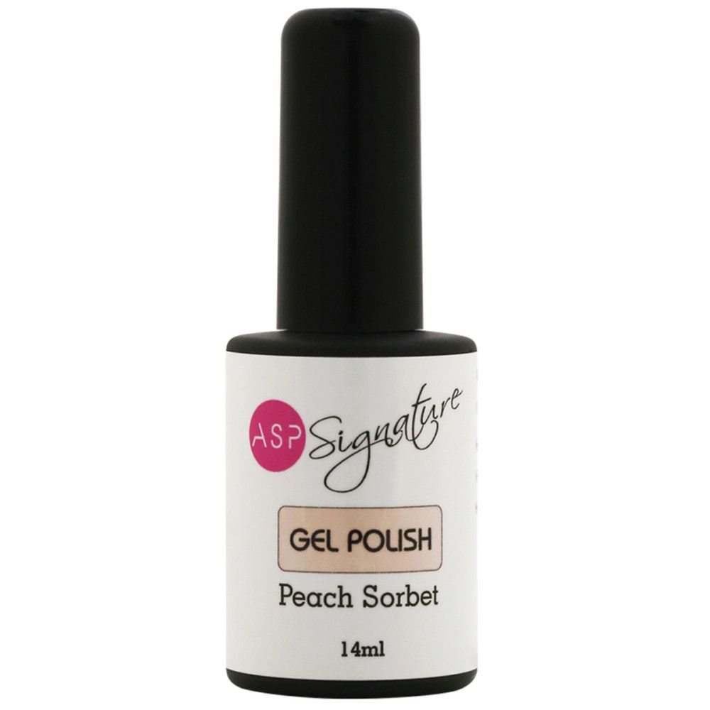 Flacon de vernis à ongles avec bouchon noir. Étiquette ASP Signature Gel Polish, teinte Peach Sorbet, 14ml.