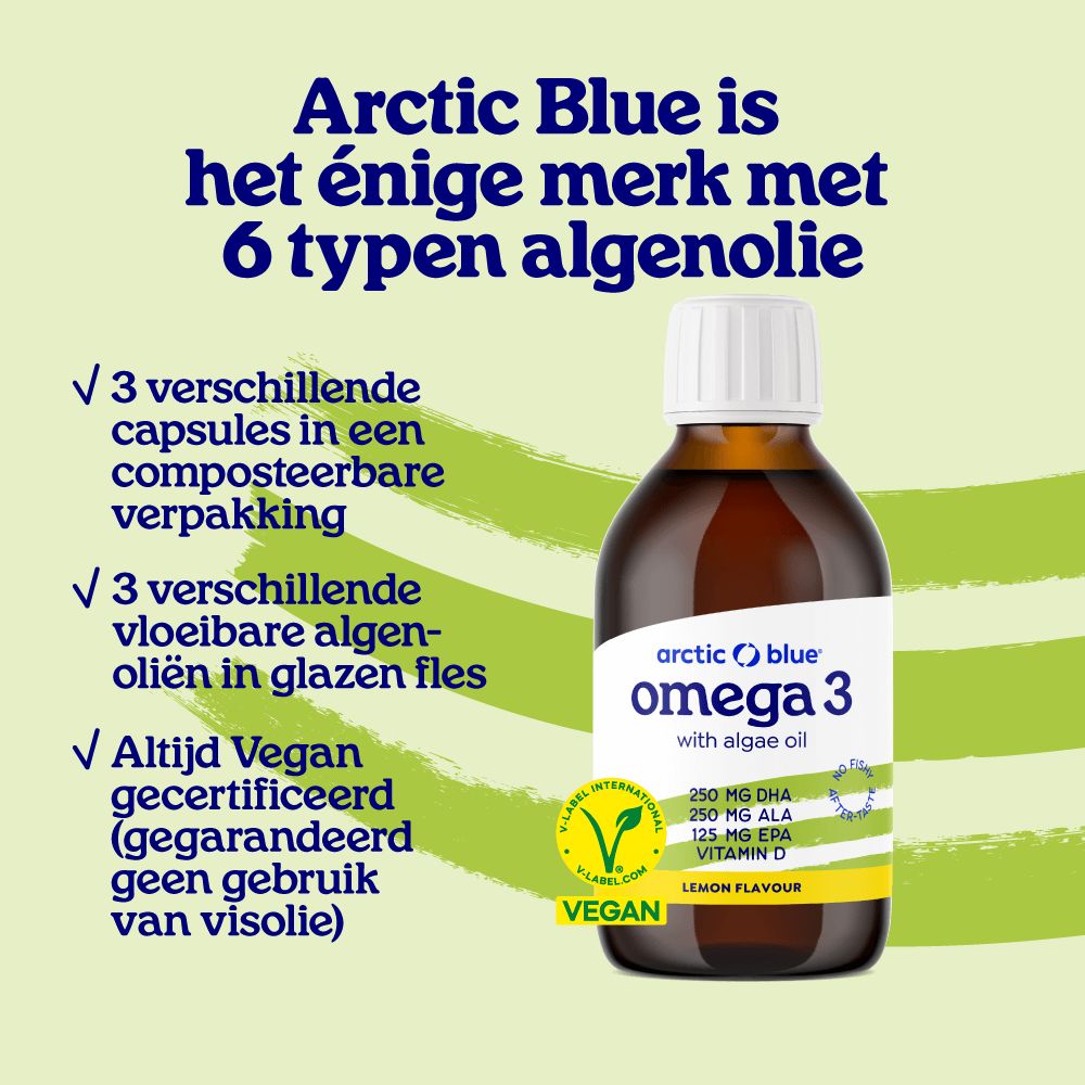 Fles Omega 3 algenolie citroensmaak, V-Label Vegan keurmerk en ingrediënteninformatie.