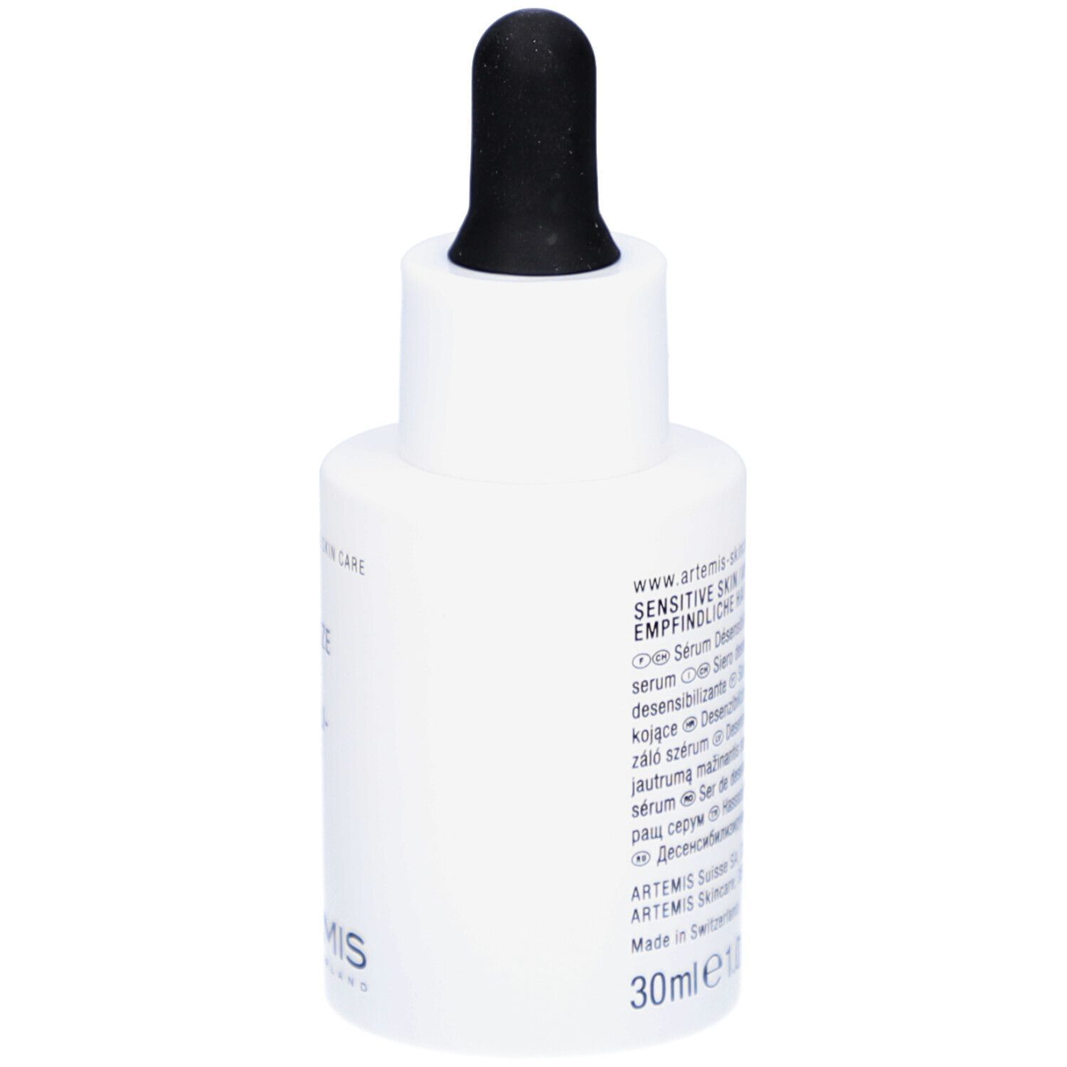 Flacon blanc avec pipette noire. Inscription: MED DE-SENSITIZE SERUM. Croix rouge et ARTEMIS.