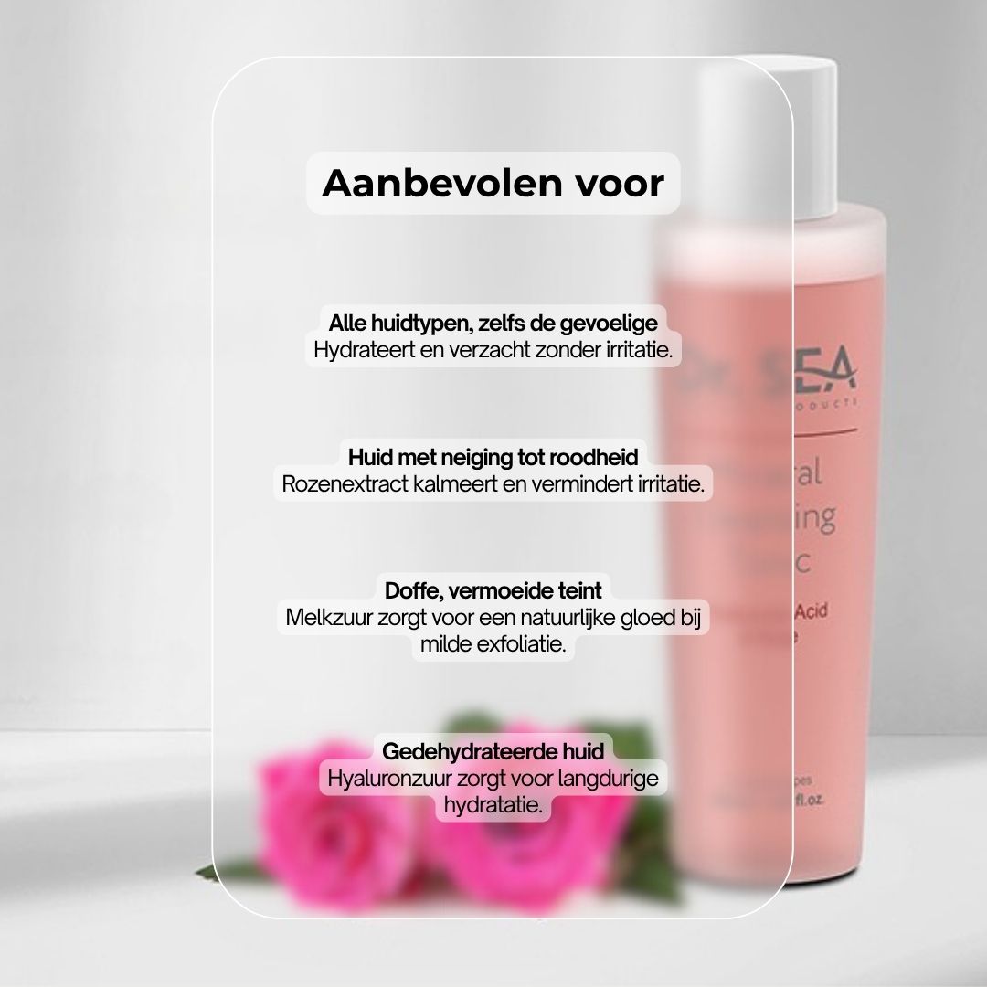Roze tonic fles met tekst. Opschrift: Dr. Sea, Mineral Cleansing Tonic, Hyaluronzuur & Roos. 200 ml. Tekst: Zonder...