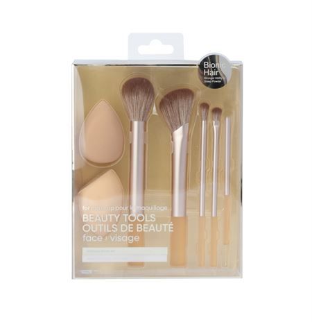 Ensemble d'outils de beauté avec deux éponges et cinq pinceaux, emballage transparent.