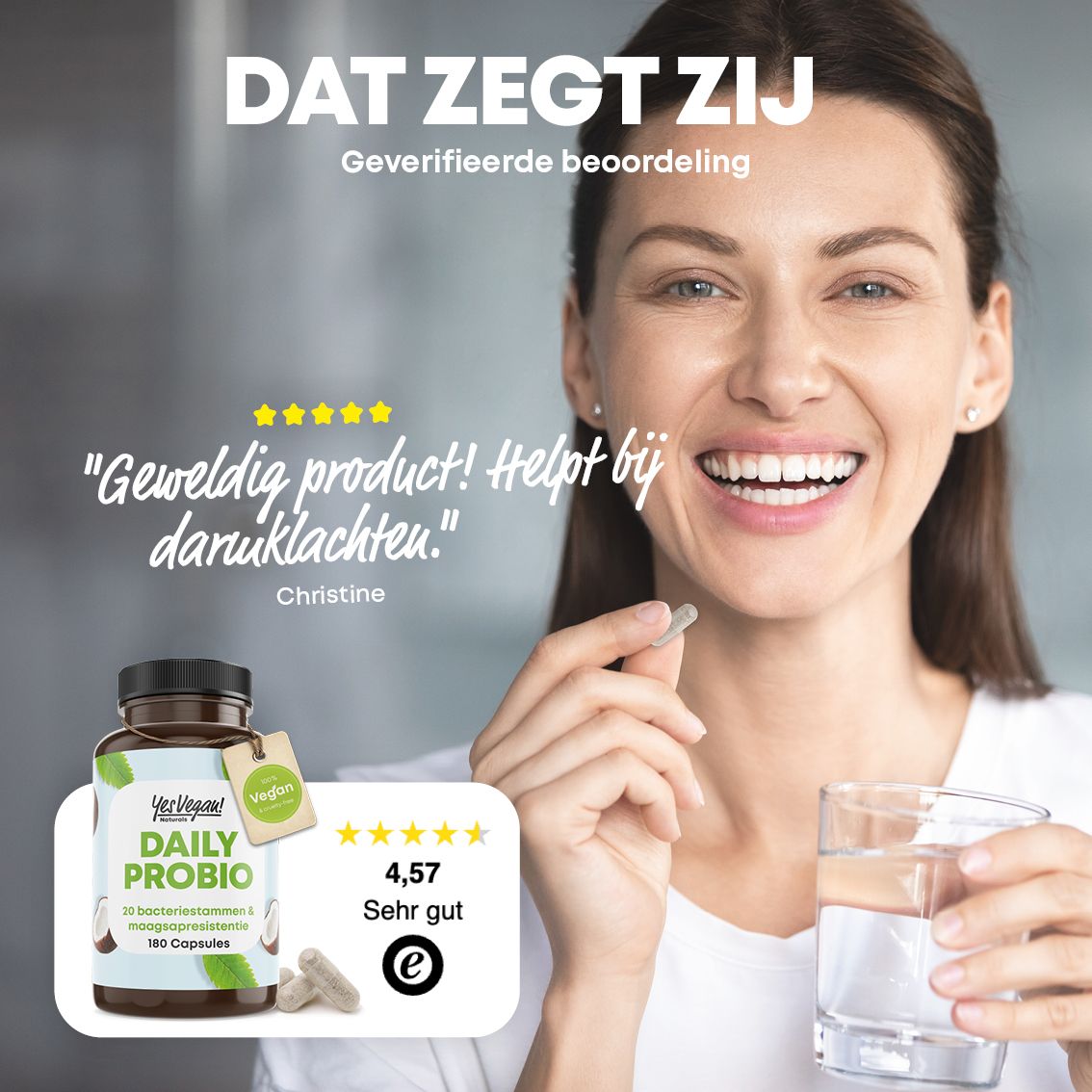 Gedetailleerde ingrediënten van Daily Probio: acaciapoeder, 20 bacteriestammen, kokosolie.